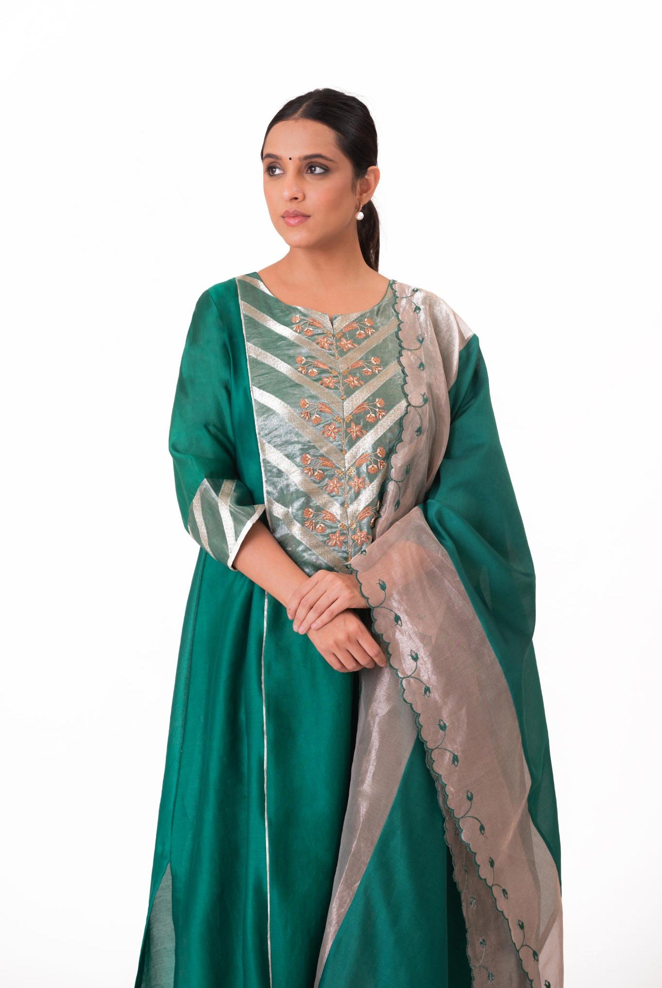 Banarasi Yoke Kurta Set - Emerald Green - CiceroniKurta Set, Festive wearBhavik Shah