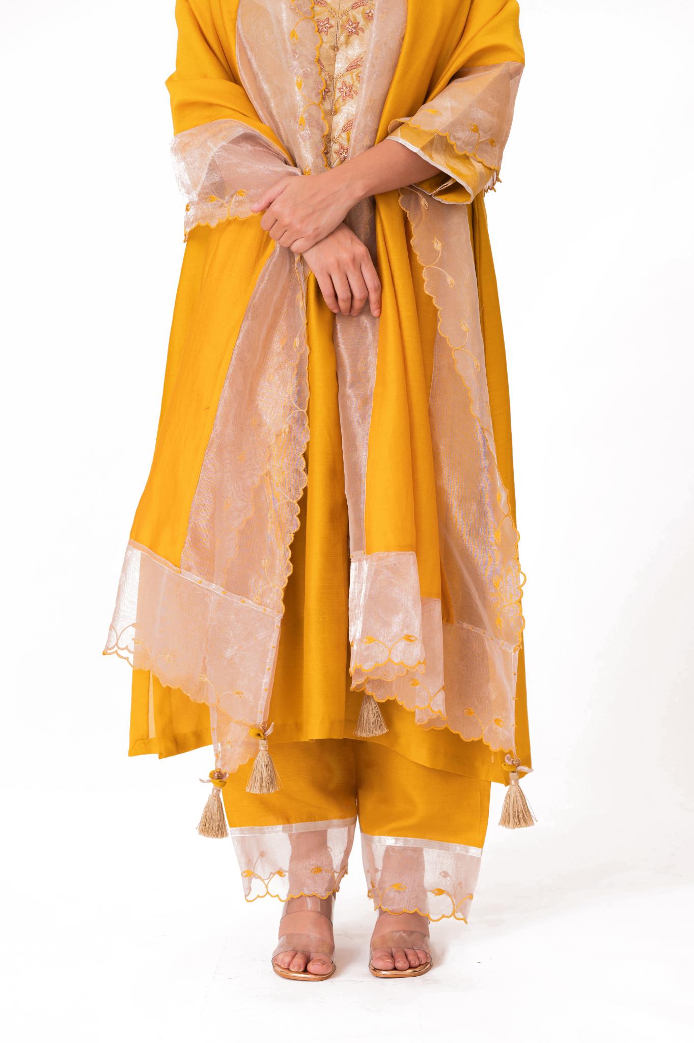 Banarasi Yoke Kurta Set - Golden Yellow - CiceroniKurta Set, Festive wearBhavik Shah