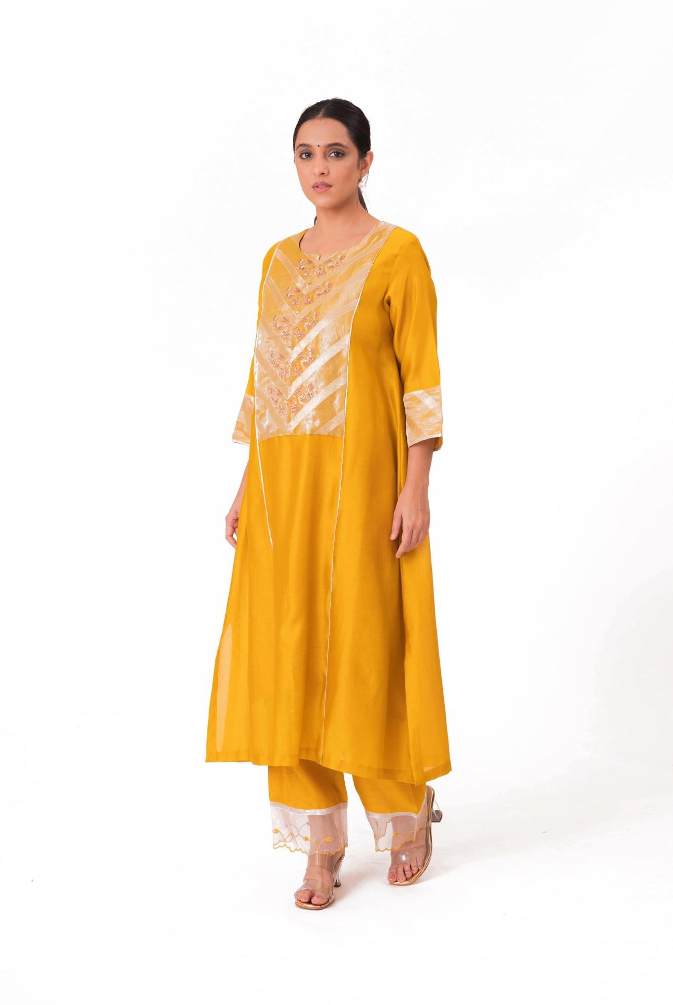 Banarasi Yoke Kurta Set - Golden Yellow - CiceroniKurta Set, Festive wearBhavik Shah