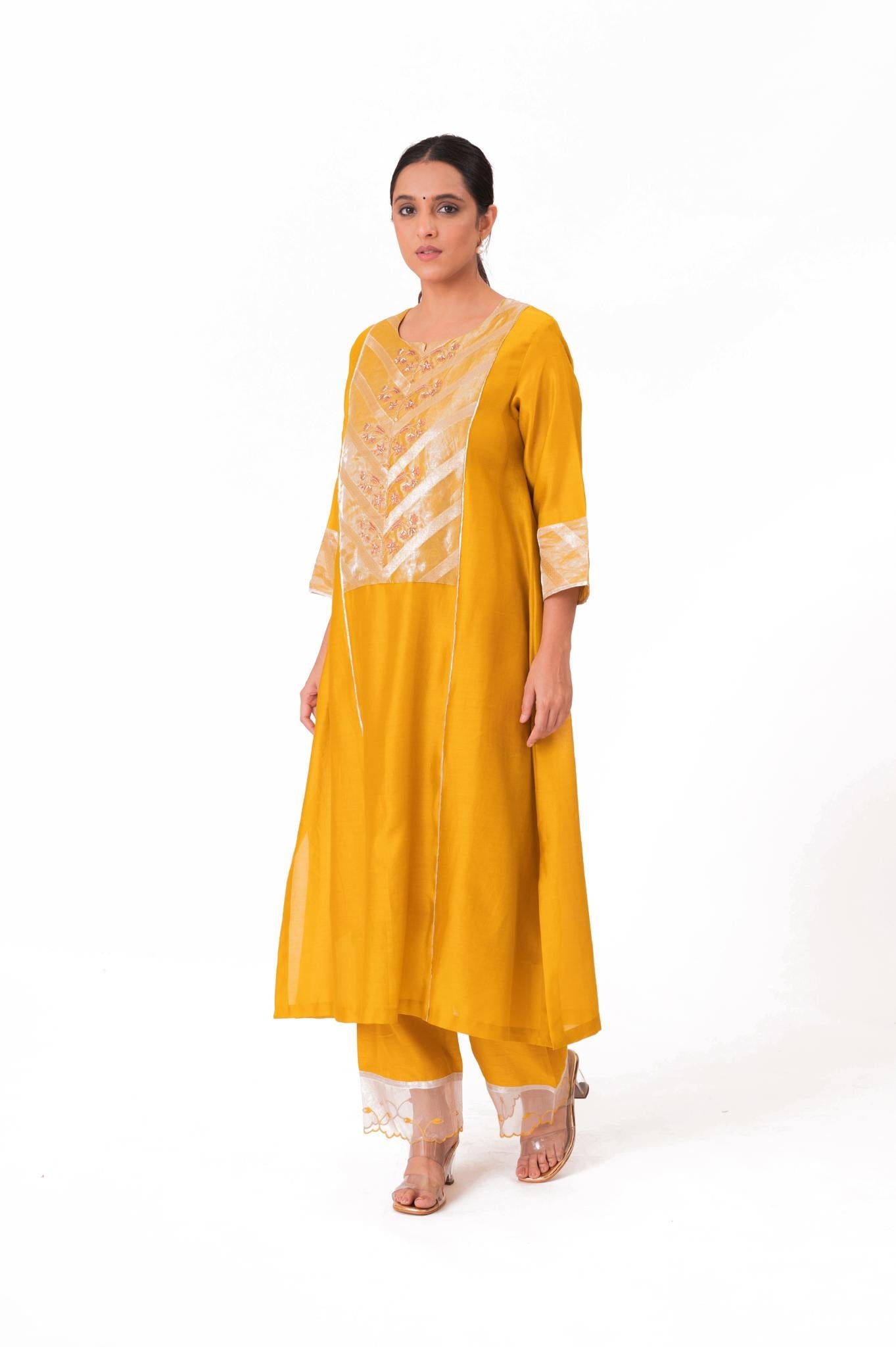 Banarasi Yoke Kurta Set - Golden Yellow - CiceroniKurta Set, Festive wearBhavik Shah