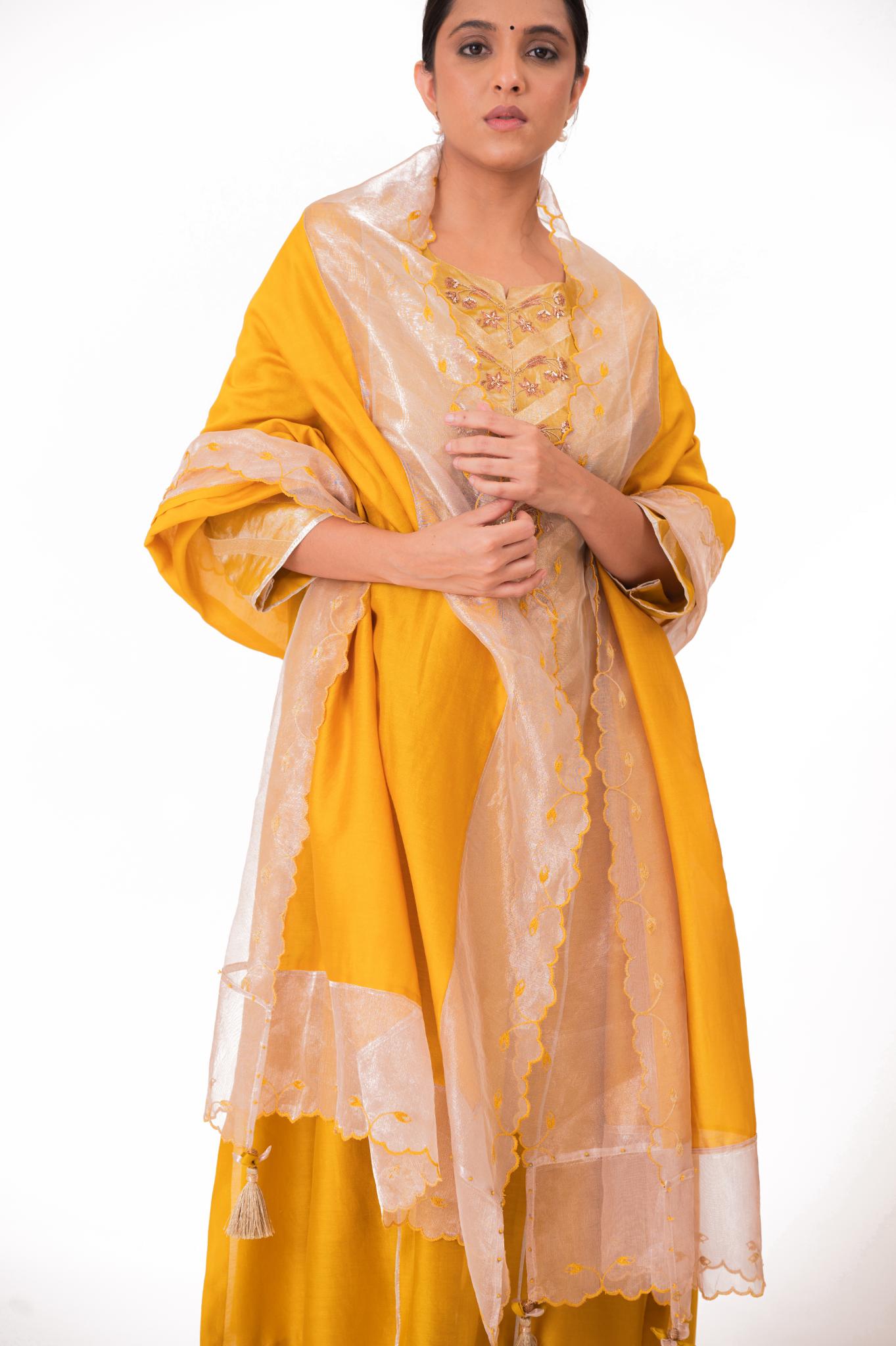 Banarasi Yoke Kurta Set - Golden Yellow - CiceroniKurta Set, Festive wearBhavik Shah