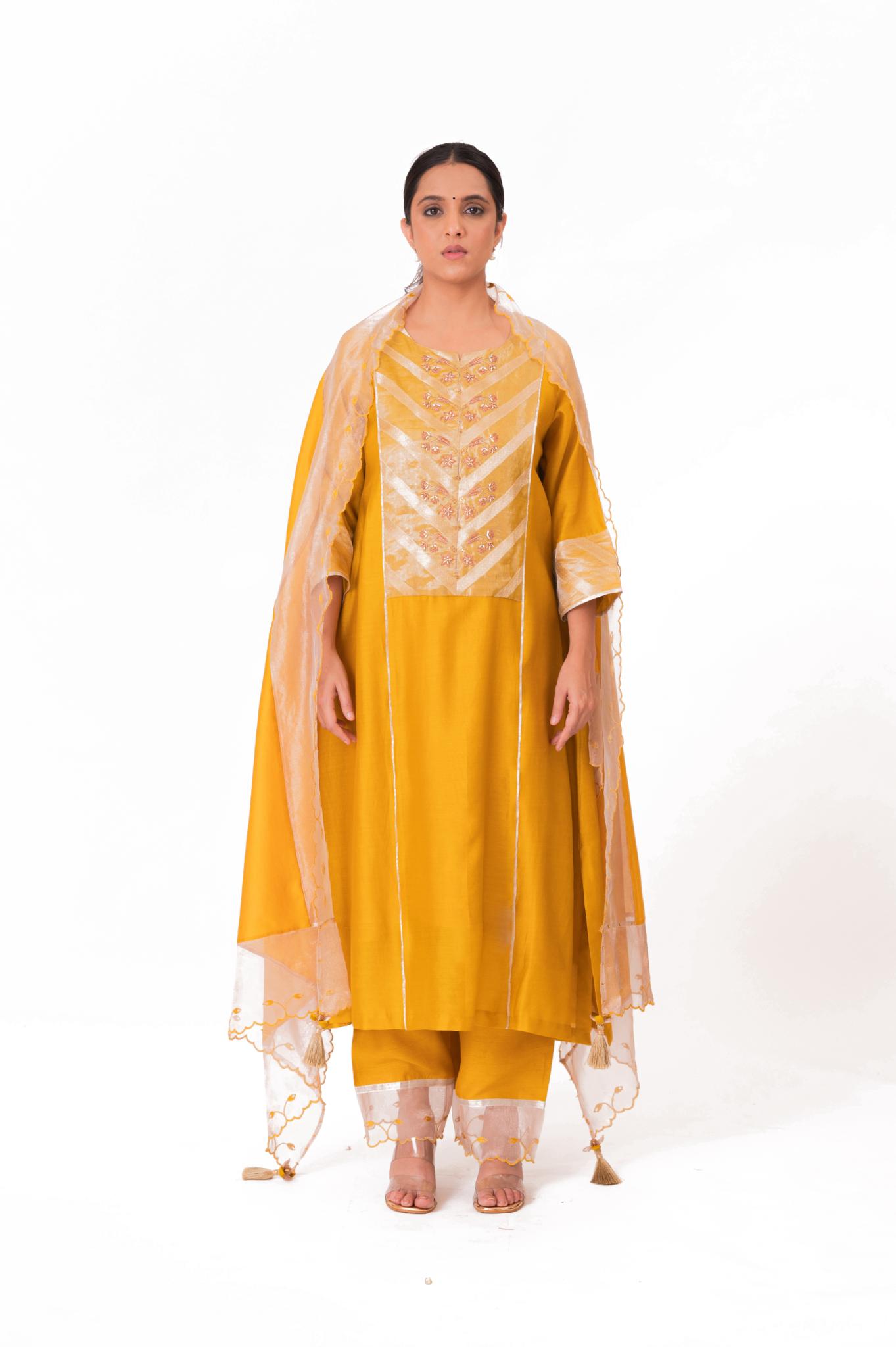 Banarasi Yoke Kurta Set - Golden Yellow - CiceroniKurta Set, Festive wearBhavik Shah