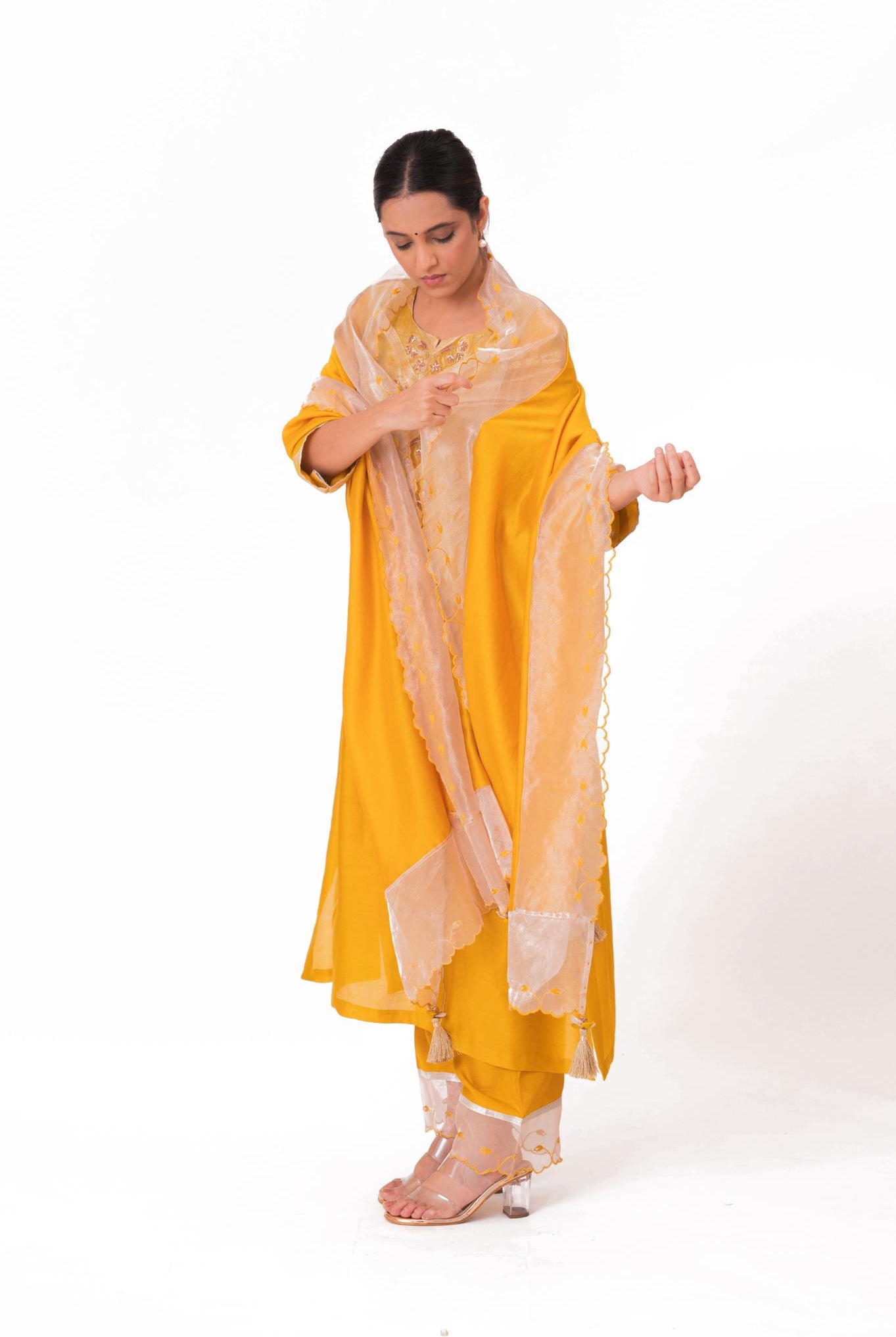 Banarasi Yoke Kurta Set - Golden Yellow - CiceroniKurta Set, Festive wearBhavik Shah