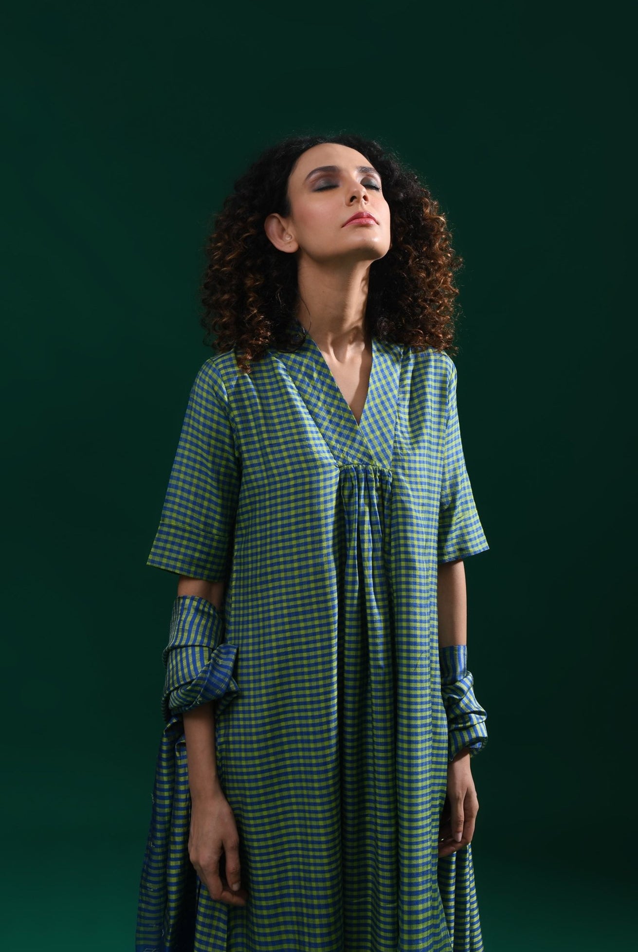 Bangalore Silk Plaid Co - Ord Set with Silk Jamdani Dupatta (Set of 3) - Green & Blue - CiceroniKurta Set, Festive WearHiranya