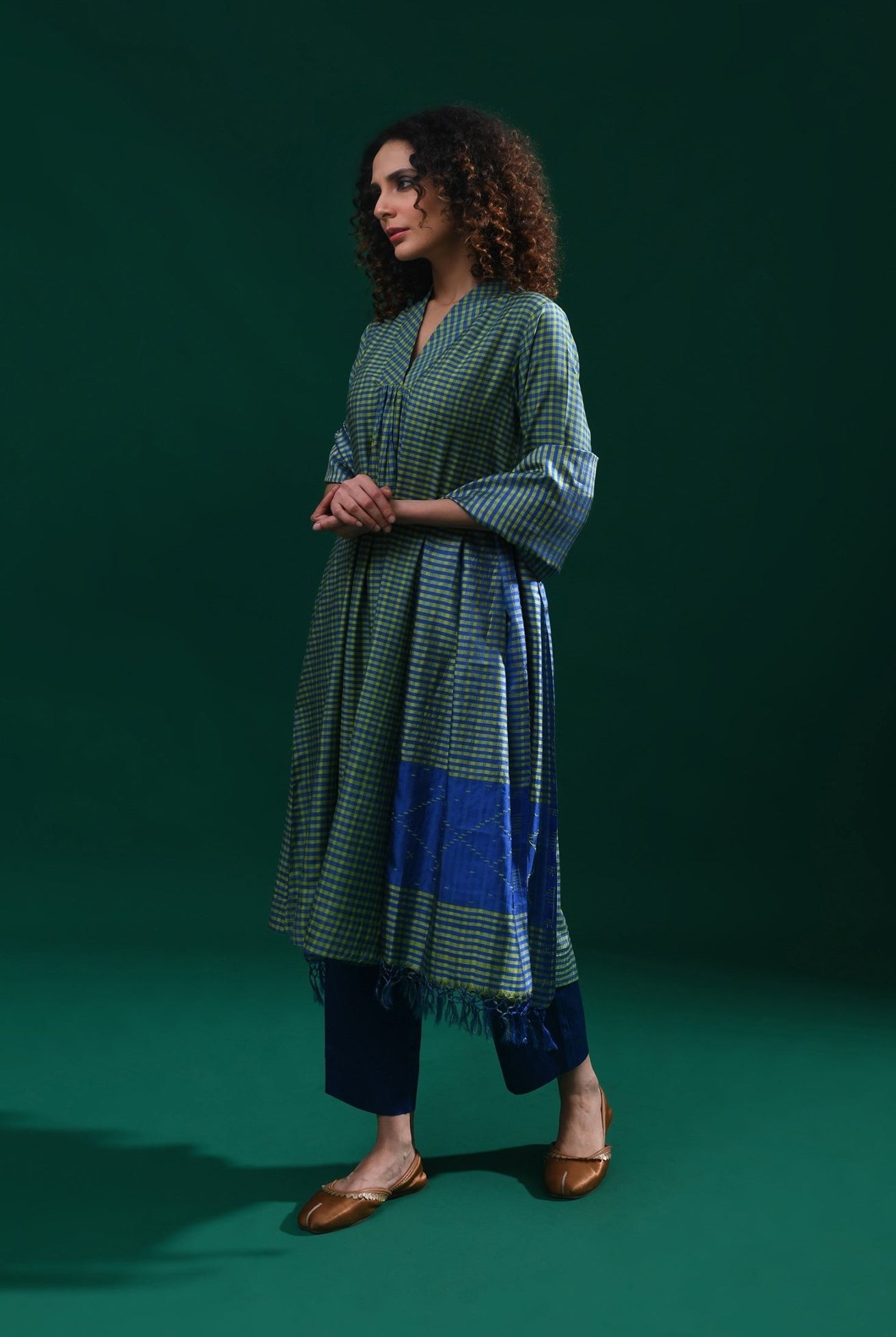 Bangalore Silk Plaid Co - Ord Set with Silk Jamdani Dupatta (Set of 3) - Green & Blue - CiceroniKurta Set, Festive WearHiranya