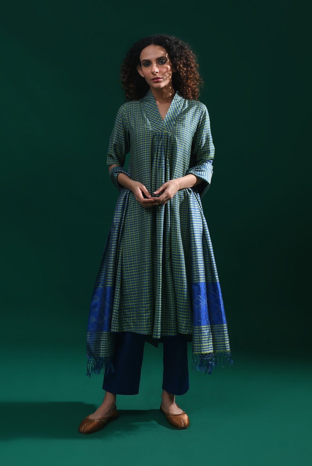 Bangalore Silk Plaid Co - Ord Set with Silk Jamdani Dupatta (Set of 3) - Green & Blue - CiceroniKurta Set, Festive WearHiranya