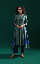 Bangalore Silk Plaid Co - Ord Set with Silk Jamdani Dupatta (Set of 3) - Green & Blue - CiceroniKurta Set, Festive WearHiranya