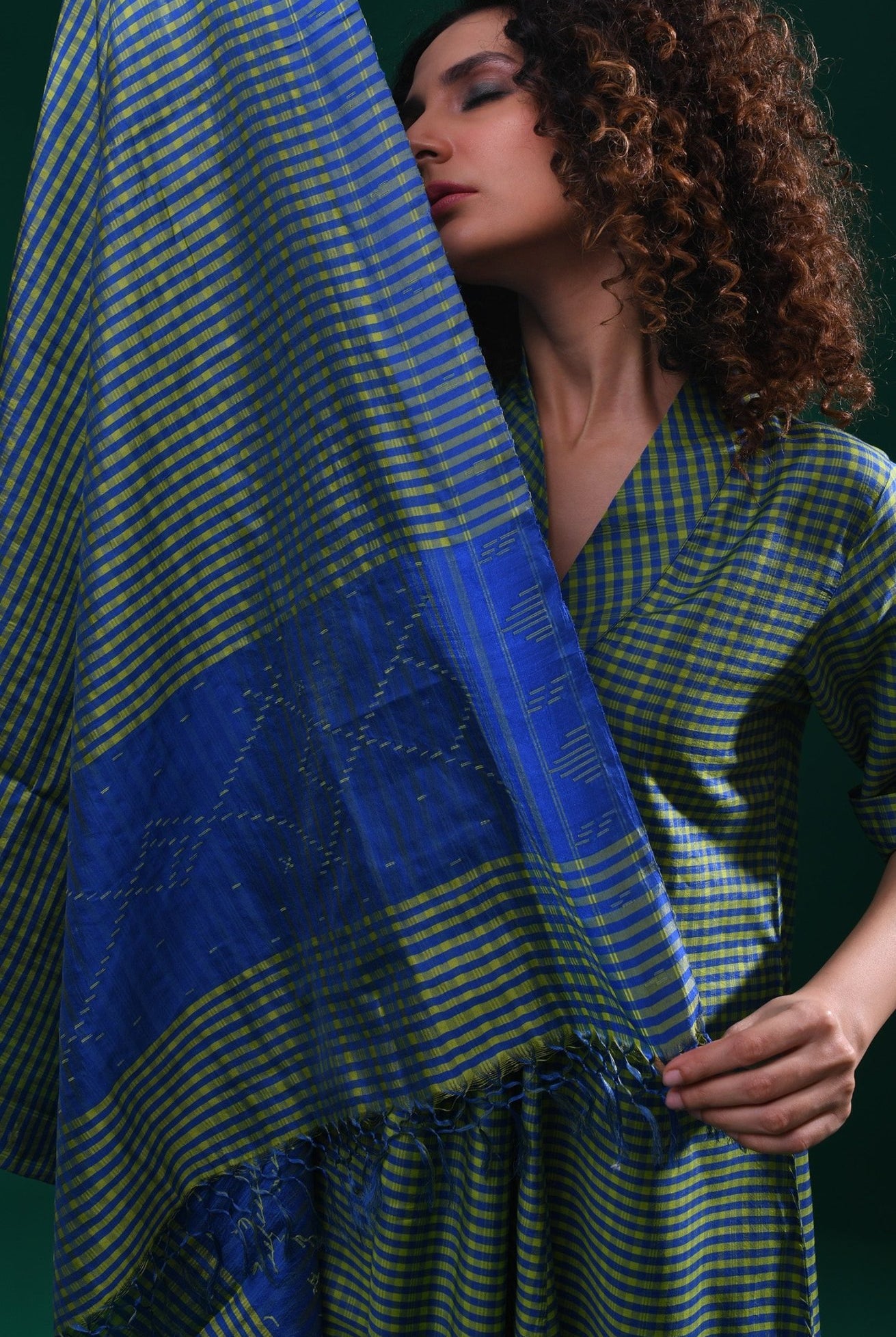 Bangalore Silk Plaid Co - Ord Set with Silk Jamdani Dupatta (Set of 3) - Green & Blue - CiceroniKurta Set, Festive WearHiranya