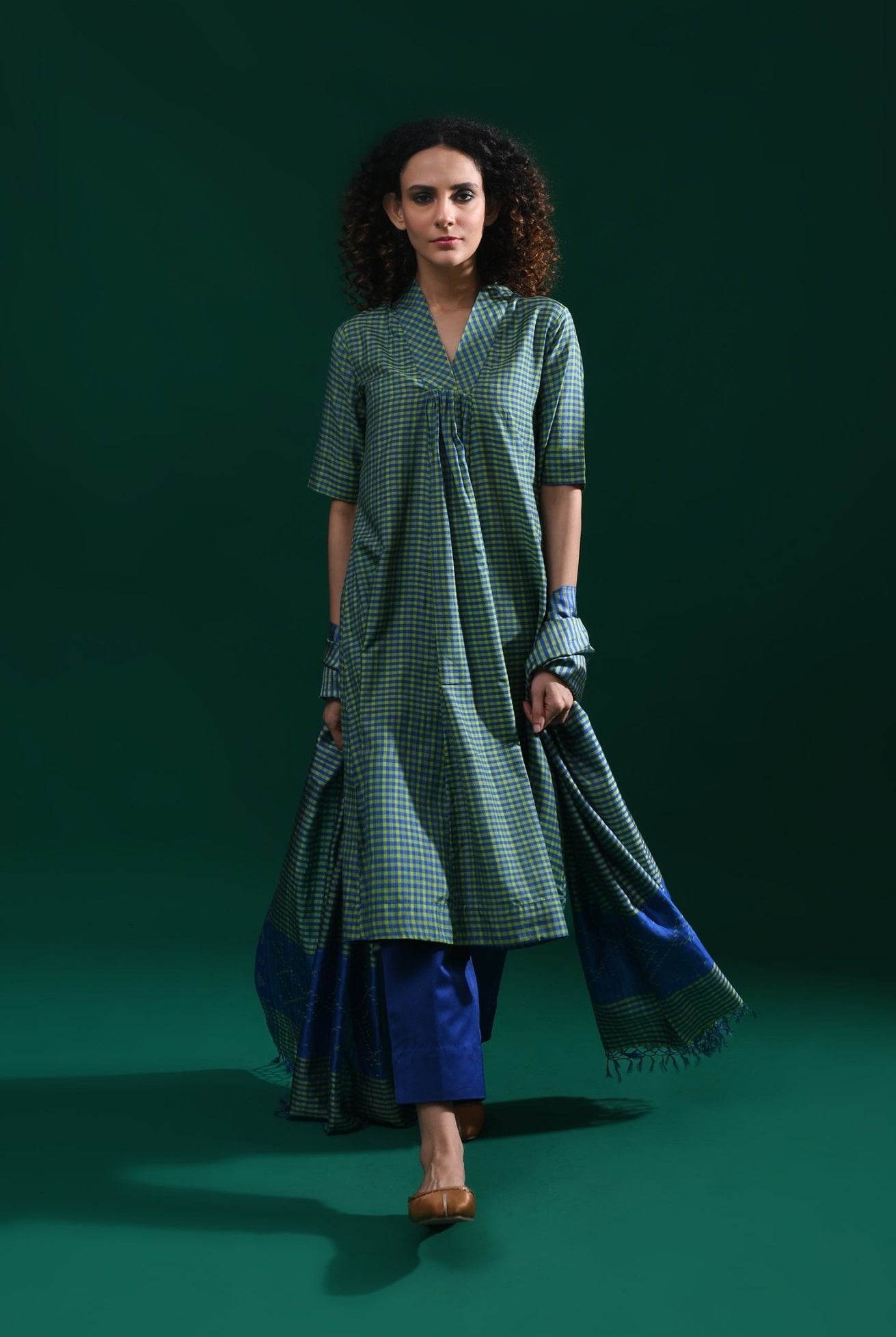 Bangalore Silk Plaid Co - Ord Set with Silk Jamdani Dupatta (Set of 3) - Green & Blue - CiceroniKurta Set, Festive WearHiranya