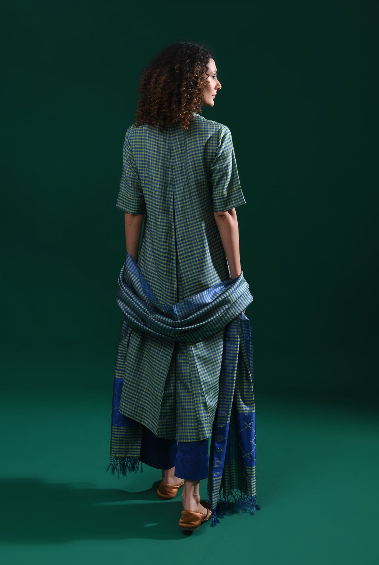Bangalore Silk Plaid Co - Ord Set with Silk Jamdani Dupatta (Set of 3) - Green & Blue - CiceroniKurta Set, Festive WearHiranya