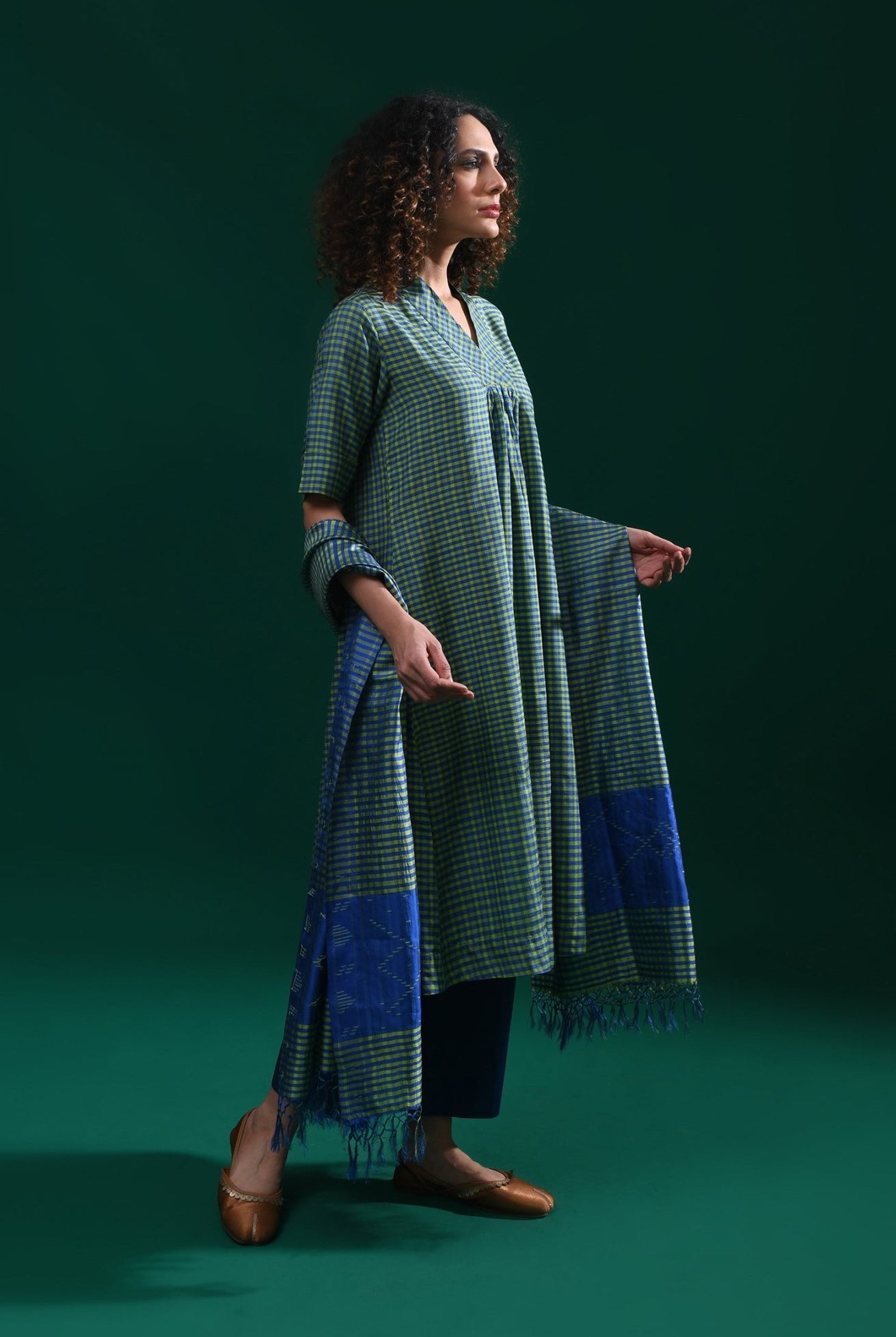 Bangalore Silk Plaid Co - Ord Set with Silk Jamdani Dupatta (Set of 3) - Green & Blue - CiceroniKurta Set, Festive WearHiranya