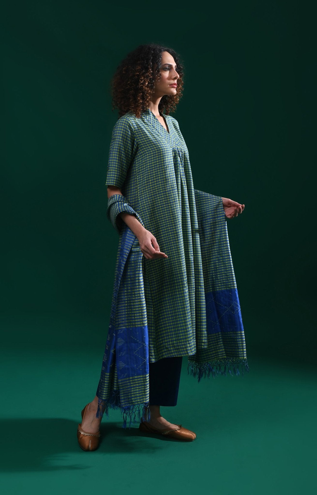 Bangalore Silk Plaid Co - Ord Set with Silk Jamdani Dupatta (Set of 3) - Green & Blue - CiceroniKurta Set, Festive WearHiranya