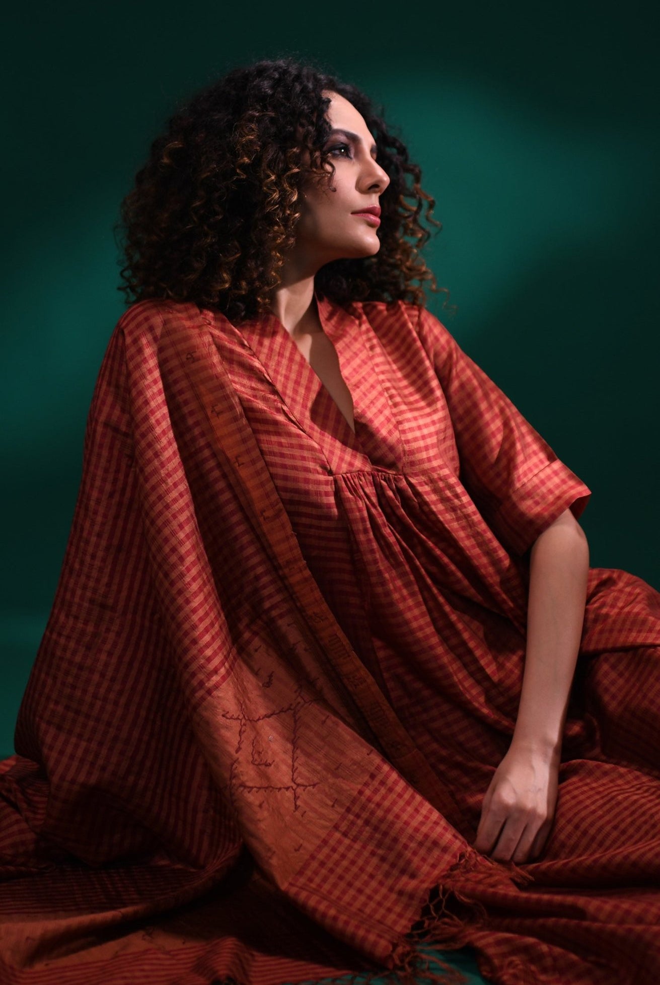 Bangalore Silk Plaid Co - Ord Set with Silk Jamdani Dupatta (Set of 3) - Maroon - CiceroniKurta Set, Festive WearHiranya