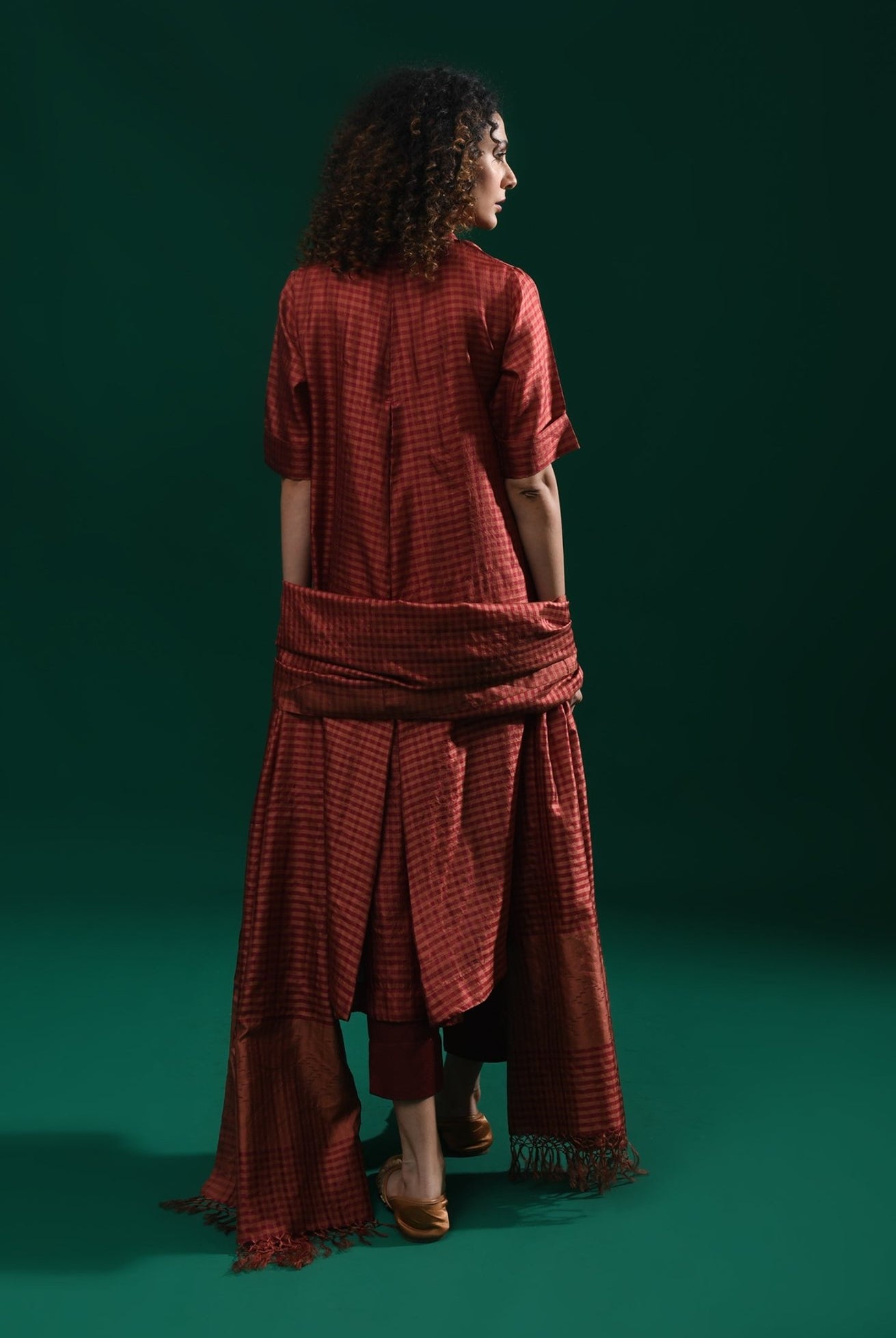 Bangalore Silk Plaid Co - Ord Set with Silk Jamdani Dupatta (Set of 3) - Maroon - CiceroniKurta Set, Festive WearHiranya