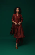 Bangalore Silk Plaid Co - Ord Set with Silk Jamdani Dupatta (Set of 3) - Maroon - CiceroniKurta Set, Festive WearHiranya