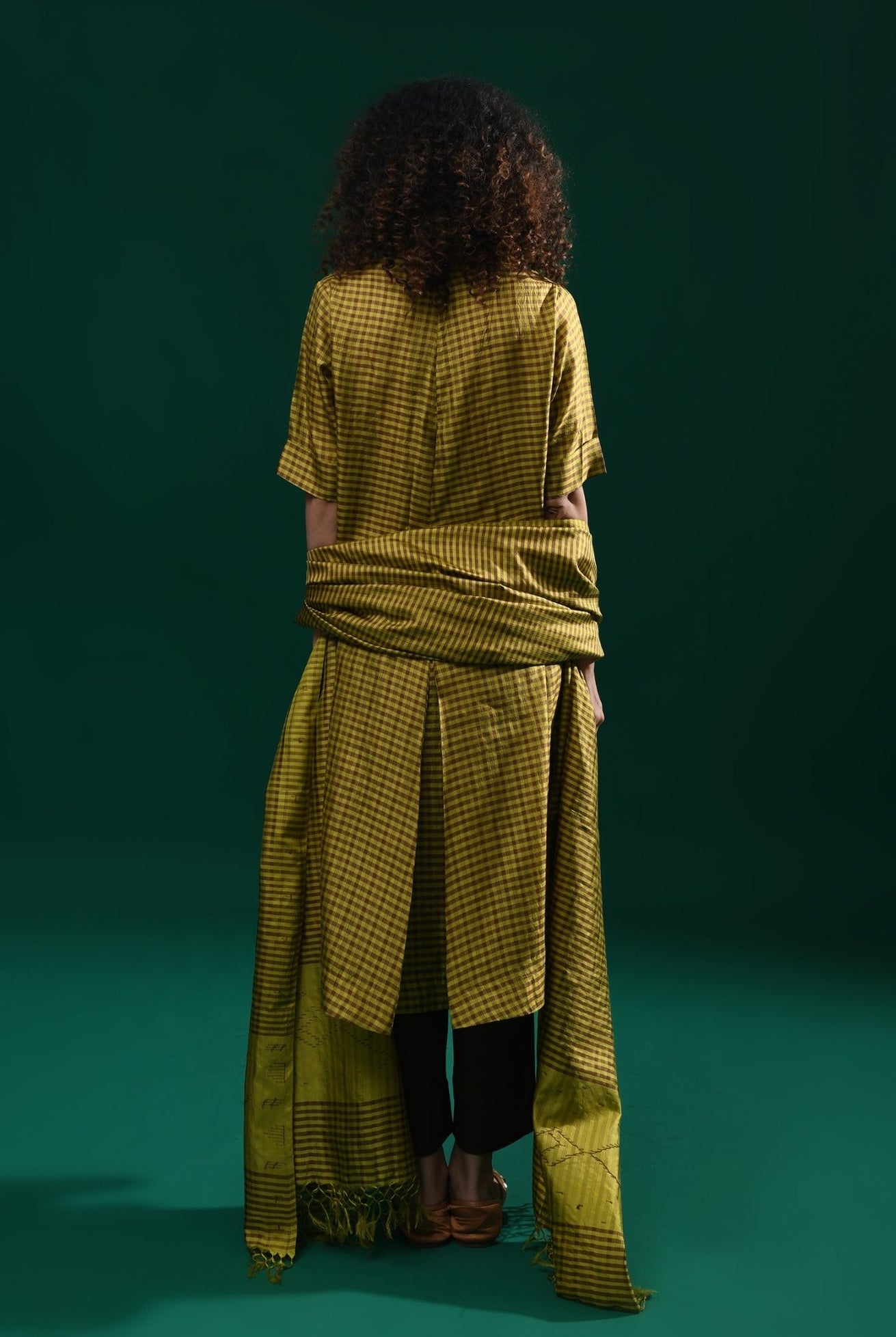 Bangalore Silk Plaid Co - Ord Set with Silk Jamdani Dupatta (Set of 3) - Mustard & Brown - CiceroniKurta Set, Festive WearHiranya