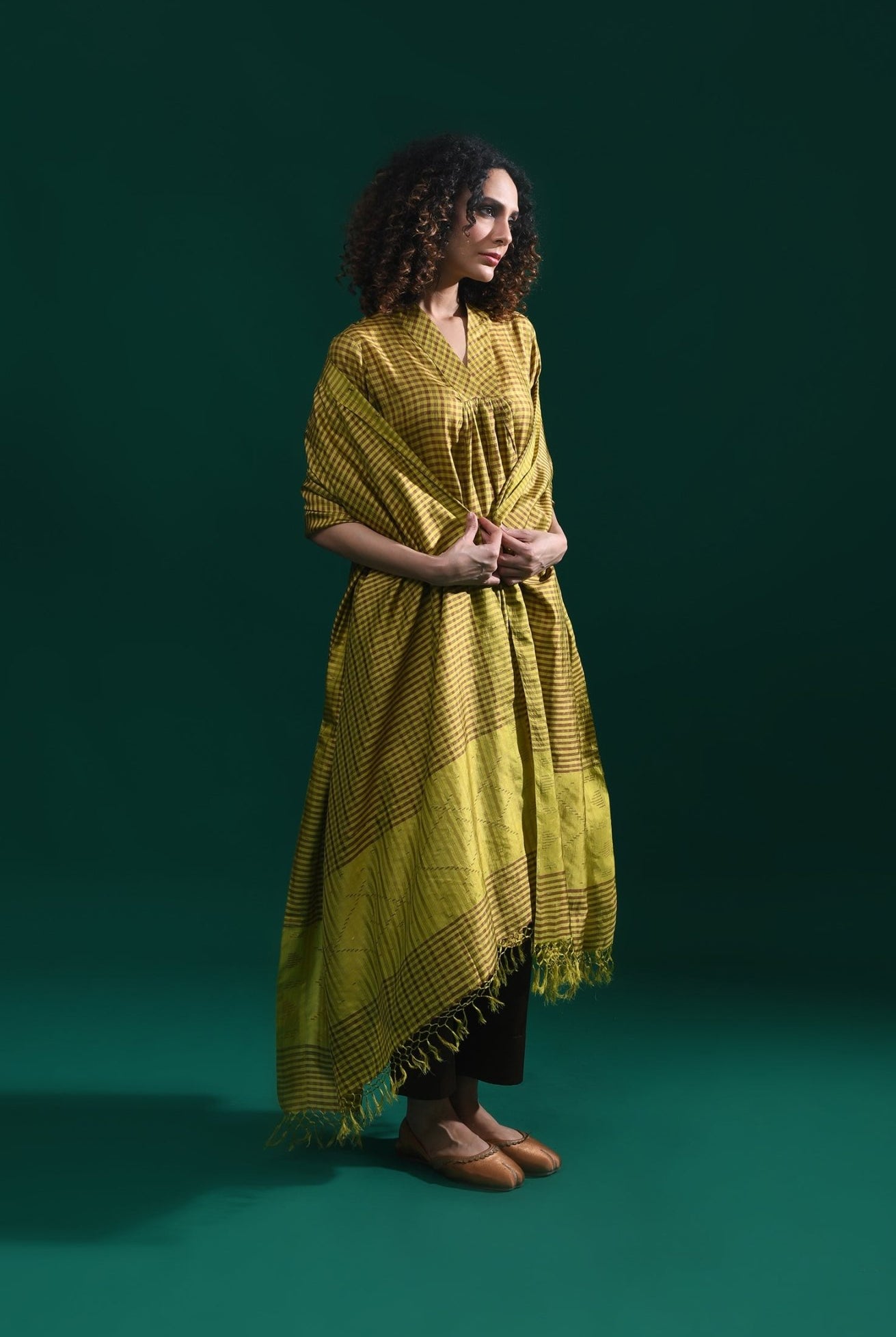 Bangalore Silk Plaid Co - Ord Set with Silk Jamdani Dupatta (Set of 3) - Mustard & Brown - CiceroniKurta Set, Festive WearHiranya
