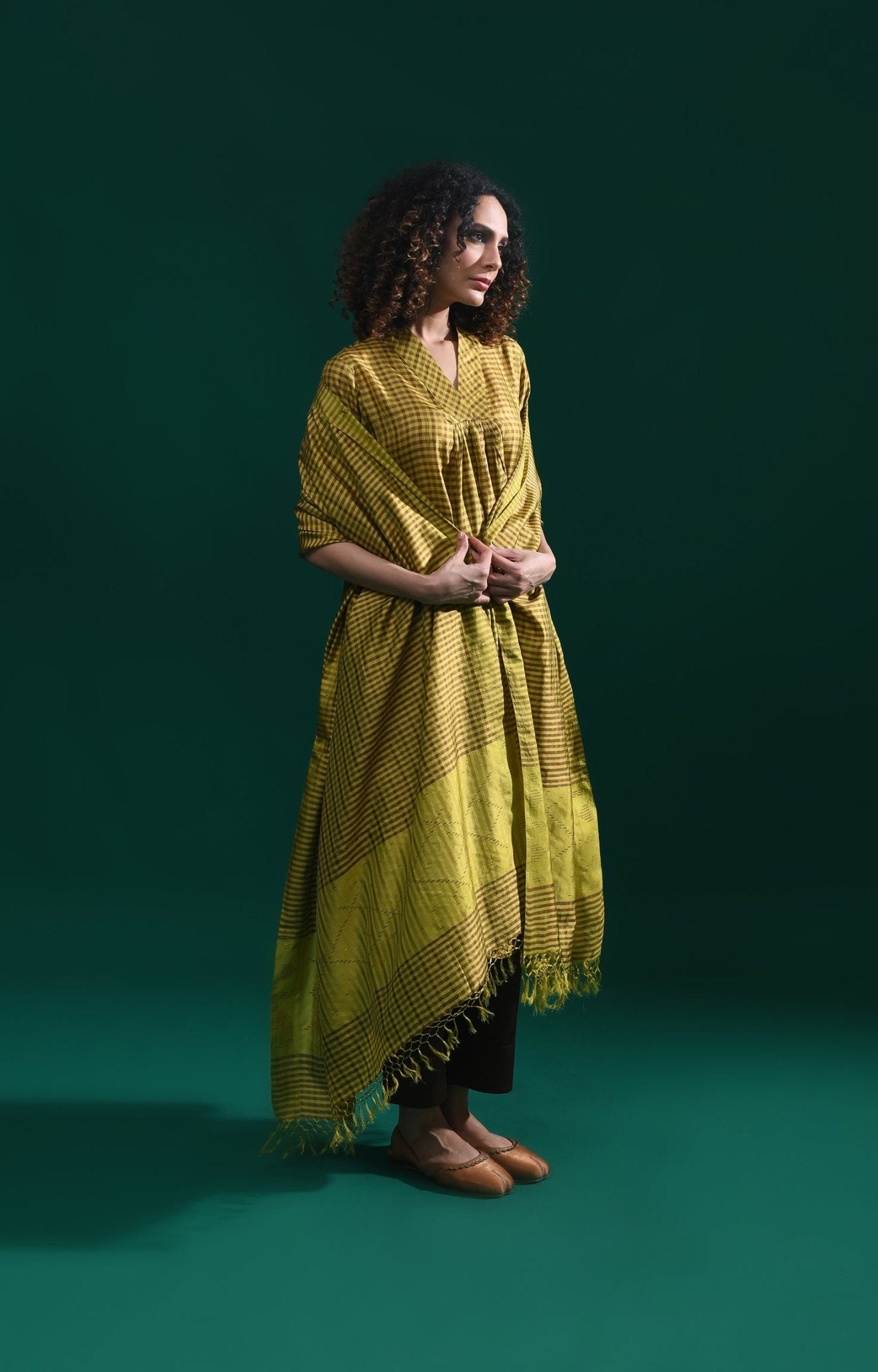 Bangalore Silk Plaid Co - Ord Set with Silk Jamdani Dupatta (Set of 3) - Mustard & Brown - CiceroniKurta Set, Festive WearHiranya