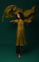 Bangalore Silk Plaid Co - Ord Set with Silk Jamdani Dupatta (Set of 3) - Mustard & Brown - CiceroniKurta Set, Festive WearHiranya