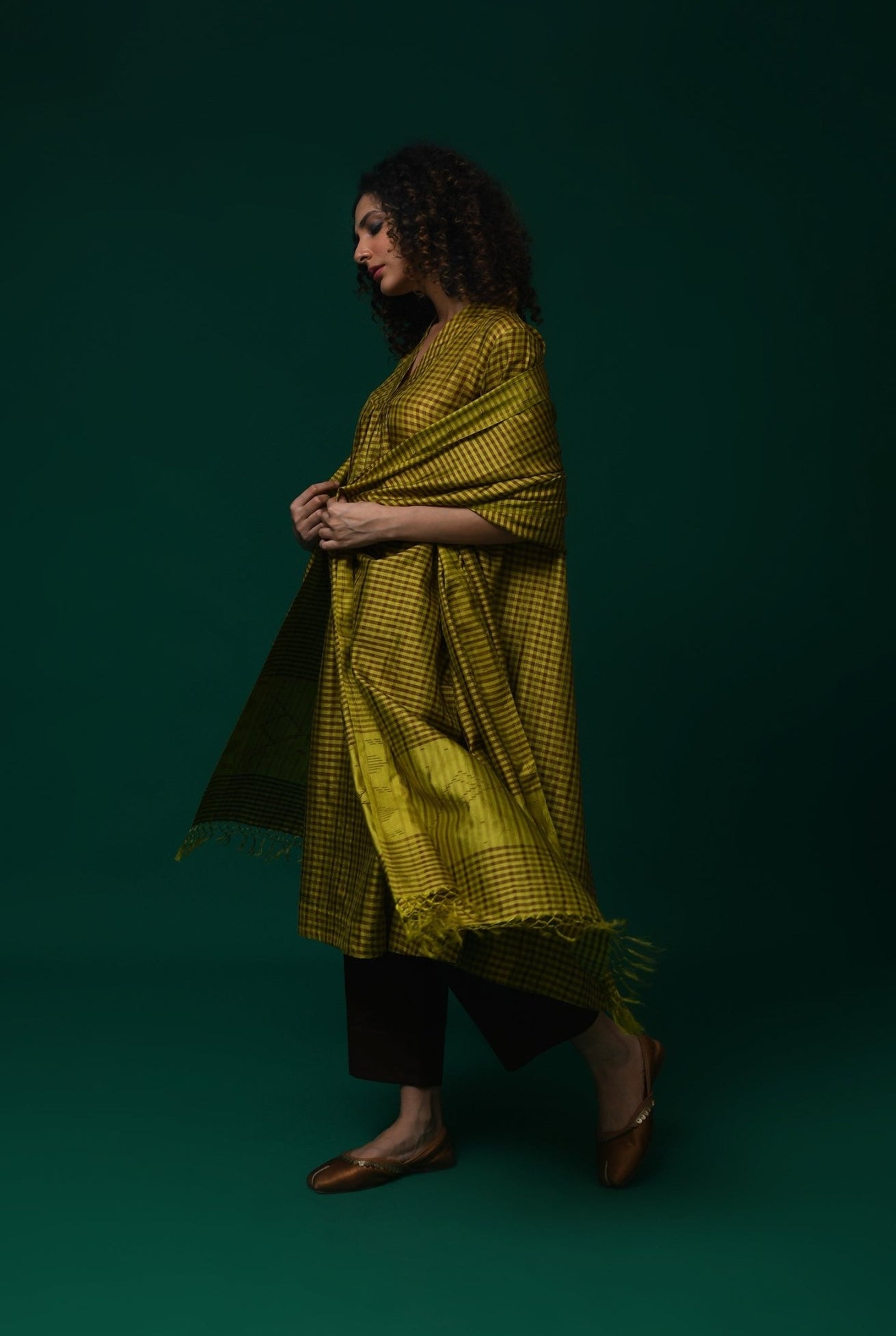 Bangalore Silk Plaid Co - Ord Set with Silk Jamdani Dupatta (Set of 3) - Mustard & Brown - CiceroniKurta Set, Festive WearHiranya