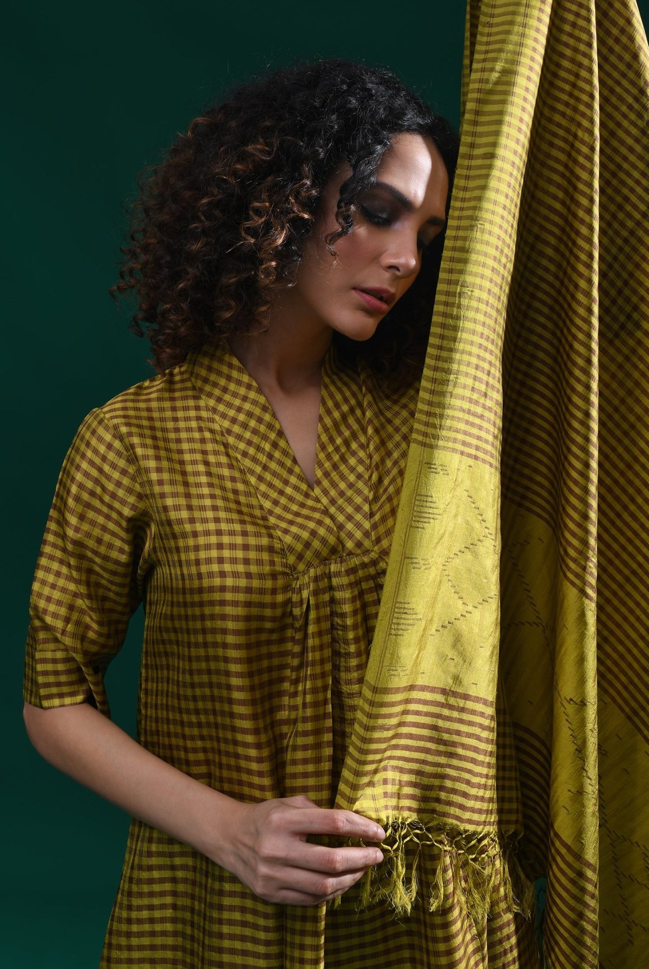 Bangalore Silk Plaid Co - Ord Set with Silk Jamdani Dupatta (Set of 3) - Mustard & Brown - CiceroniKurta Set, Festive WearHiranya