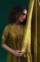 Bangalore Silk Plaid Co - Ord Set with Silk Jamdani Dupatta (Set of 3) - Mustard & Brown - CiceroniKurta Set, Festive WearHiranya