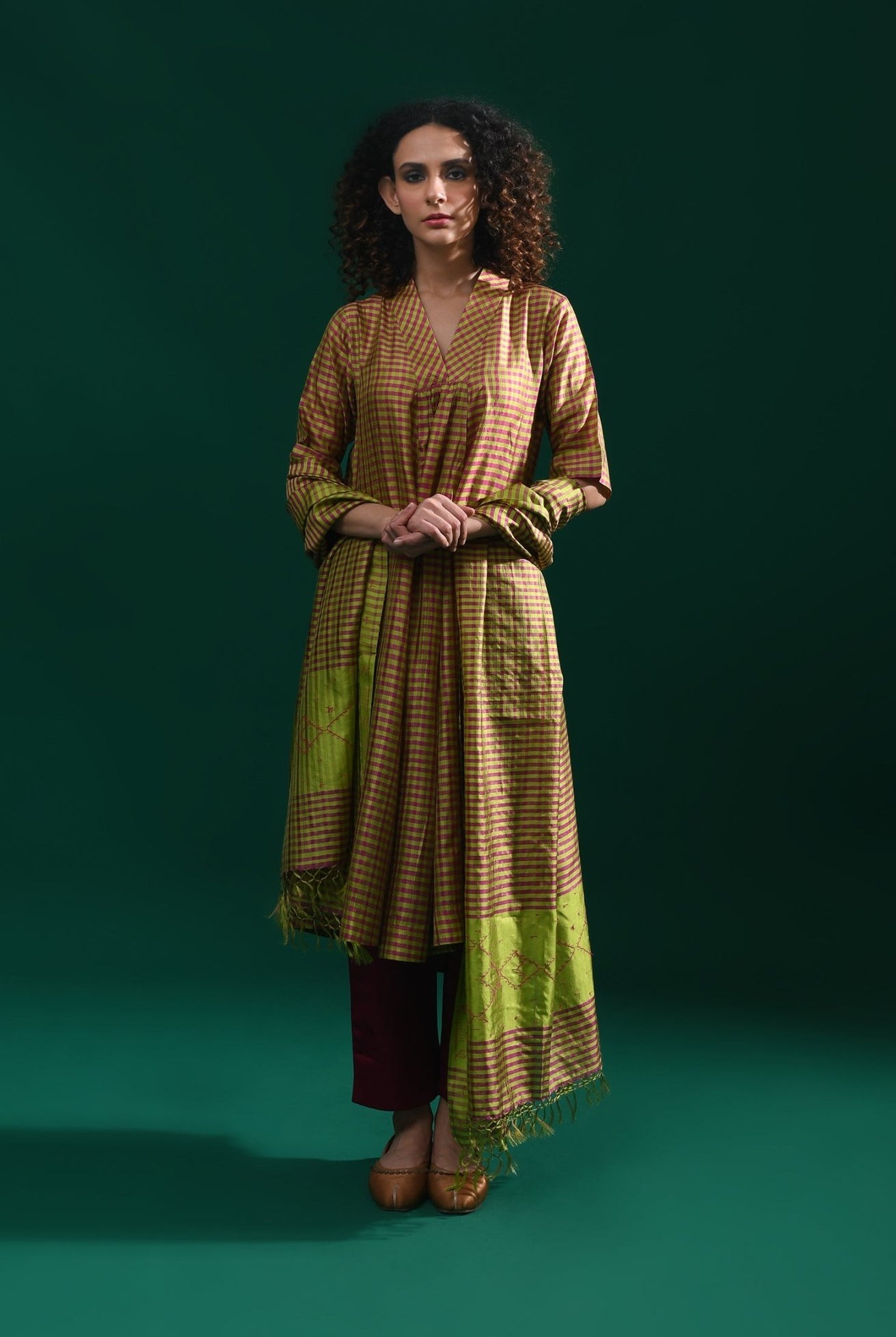 Bangalore Silk Plaid Co - Ord Set with Silk Jamdani Dupatta (Set of 3) - Olive and Pink - CiceroniKurta Set, Festive WearHiranya