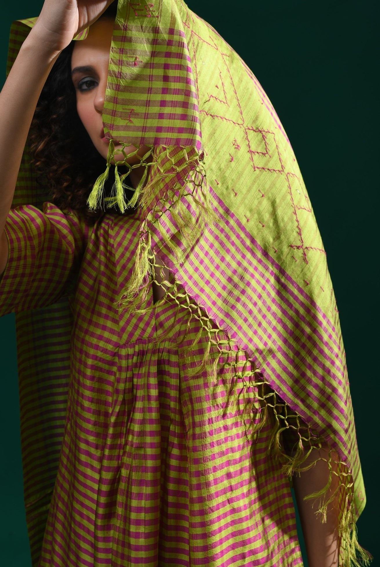 Bangalore Silk Plaid Co - Ord Set with Silk Jamdani Dupatta (Set of 3) - Olive and Pink - CiceroniKurta Set, Festive WearHiranya