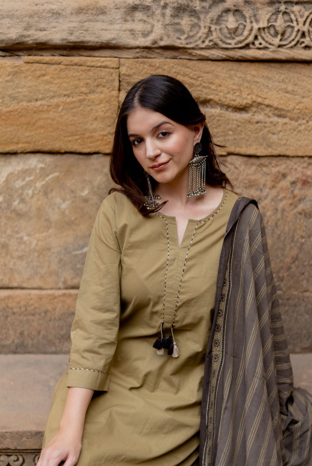 Banni Clay Kurta Set with Ajrakh Dupatta - CiceroniKurta Set, Everyday WearMaidaan