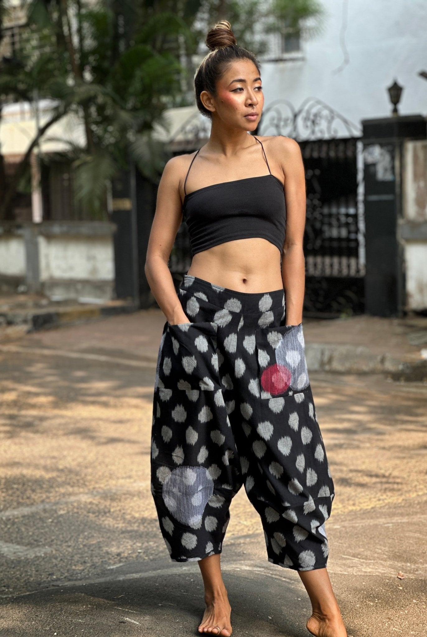 Barrel Pants in Black Ikat Polka - CiceroniWomen PantsChiu
