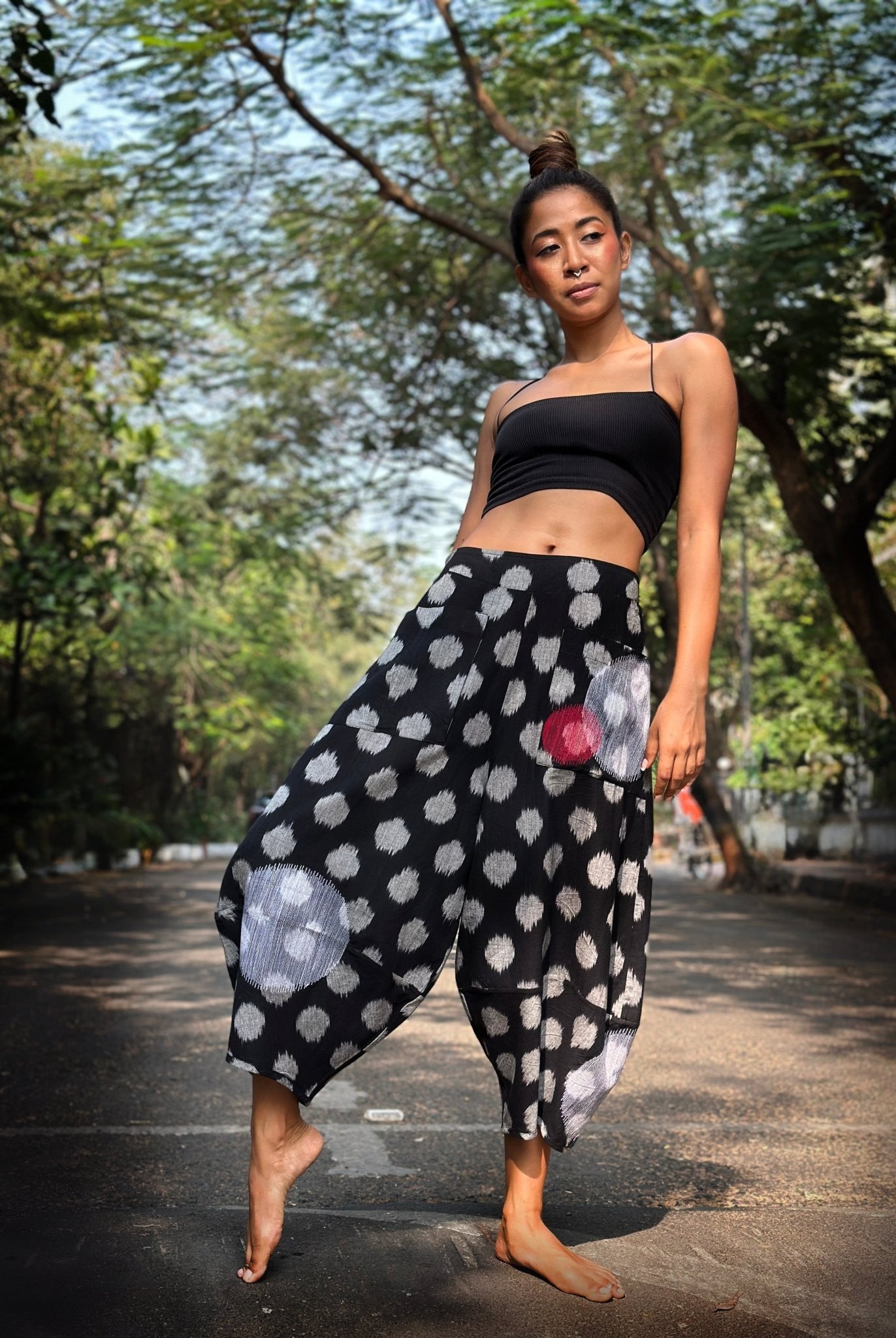 Barrel Pants in Black Ikat Polka - CiceroniWomen PantsChiu