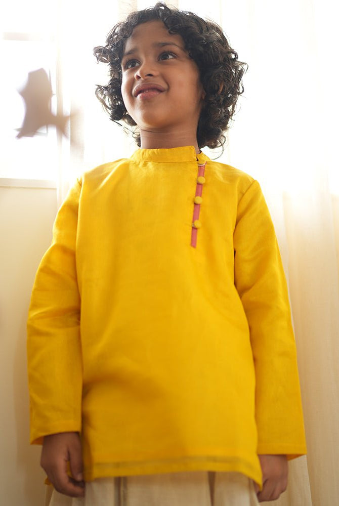 Basant side button short festive kurta in yellow - CiceroniKurta, Festive WearLove The World Today