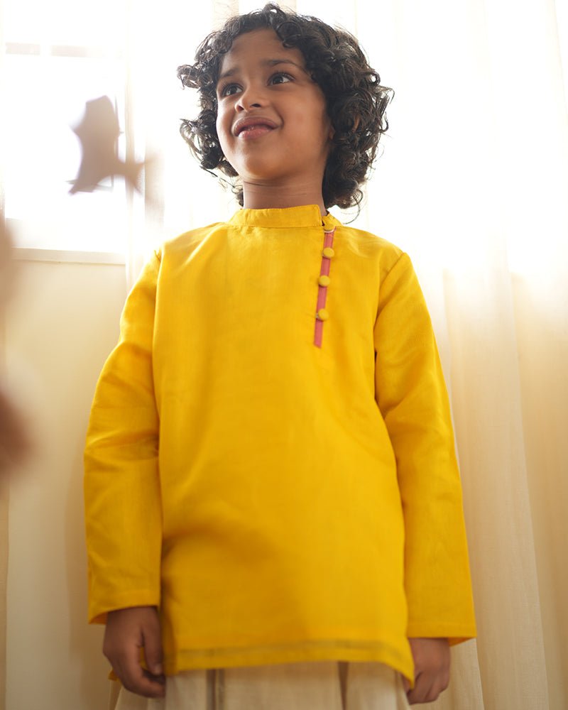 Basant side button short festive kurta in yellow - CiceroniKurta, Festive WearLove The World Today