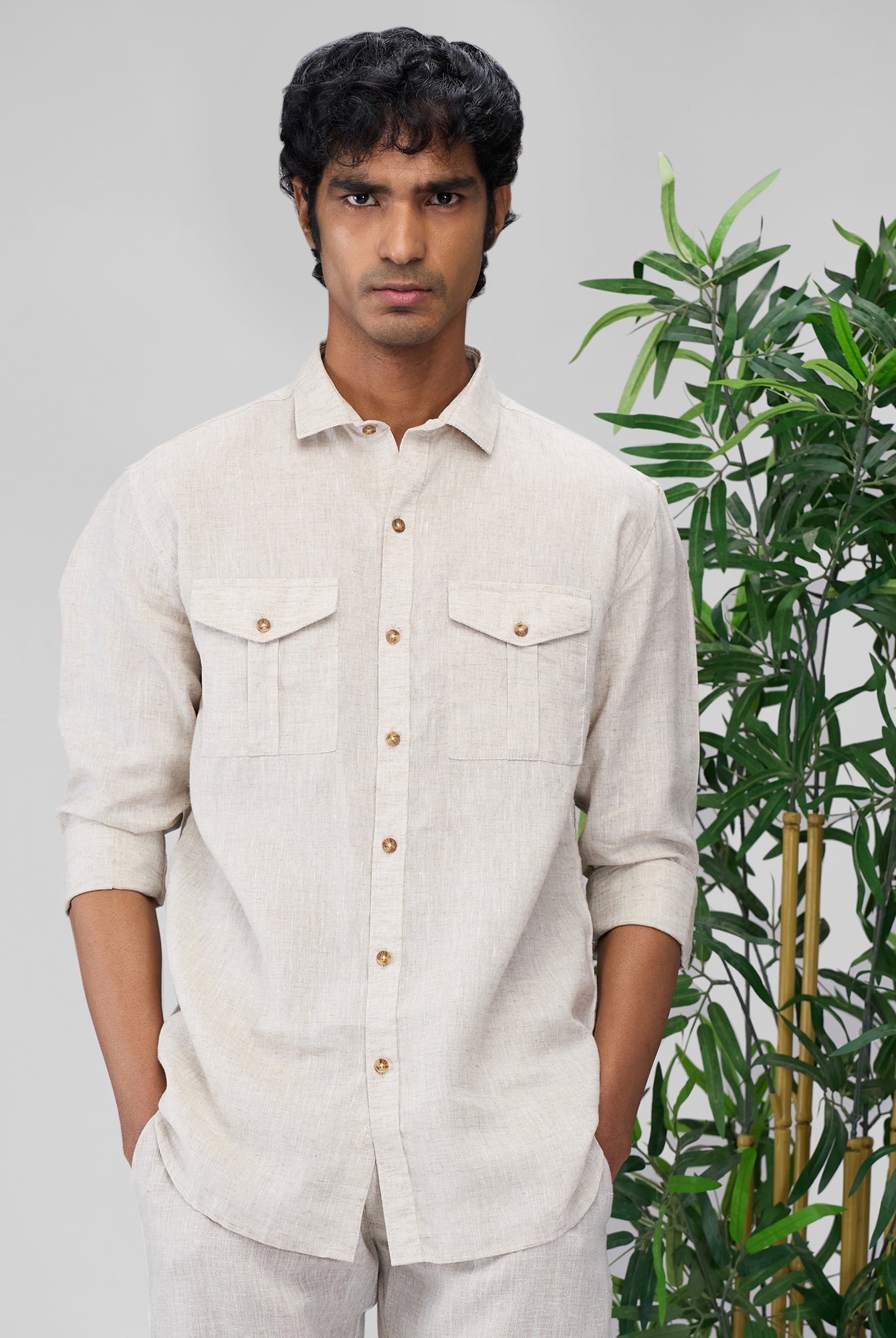 Beige 100% Linen Safari Shirt - CiceroniMen Shirtsbhrāta
