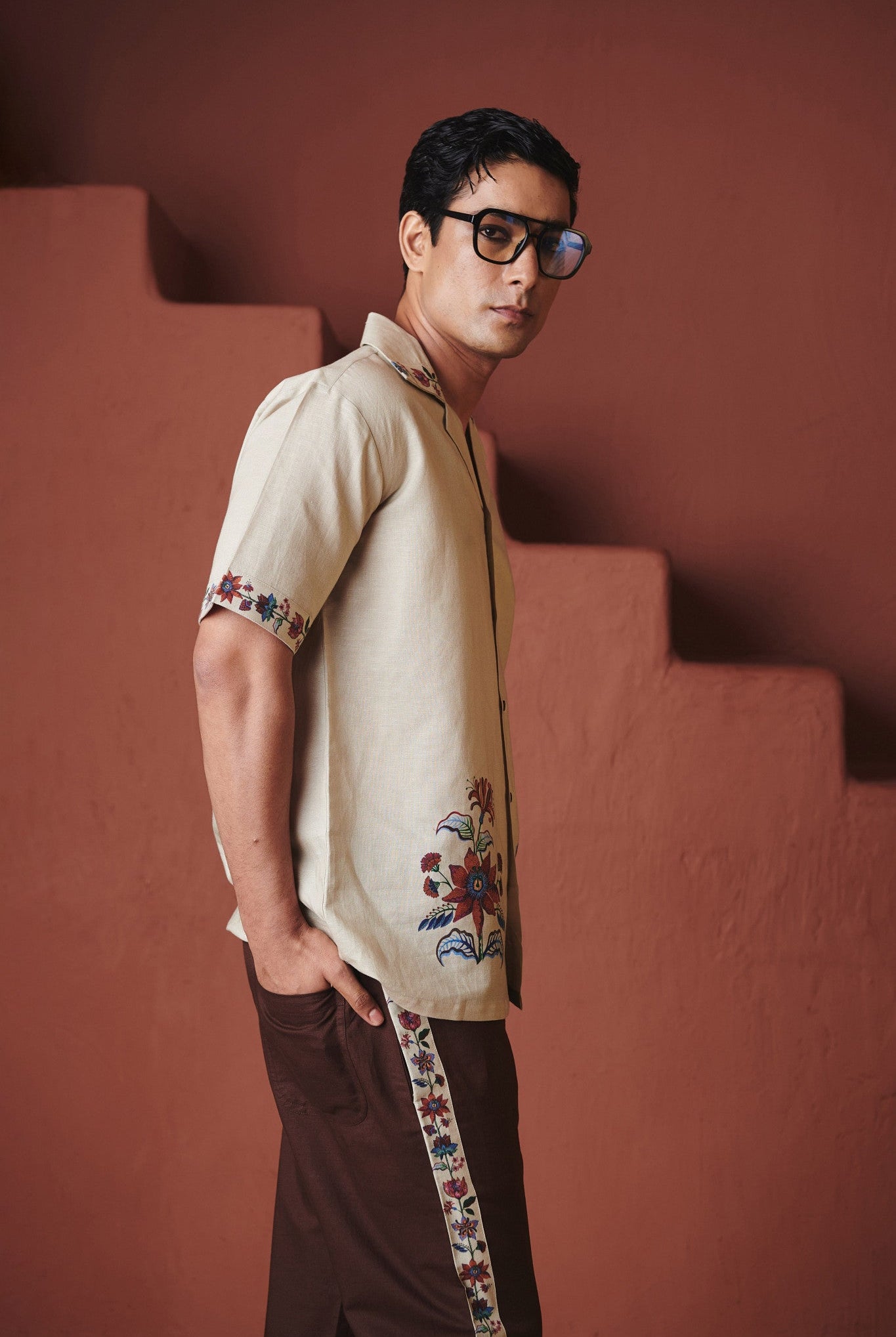 Beige Coffee Chintz Co - Linen Men's Camp Collar Shirt Set - CiceroniCo - ord SetSaphed