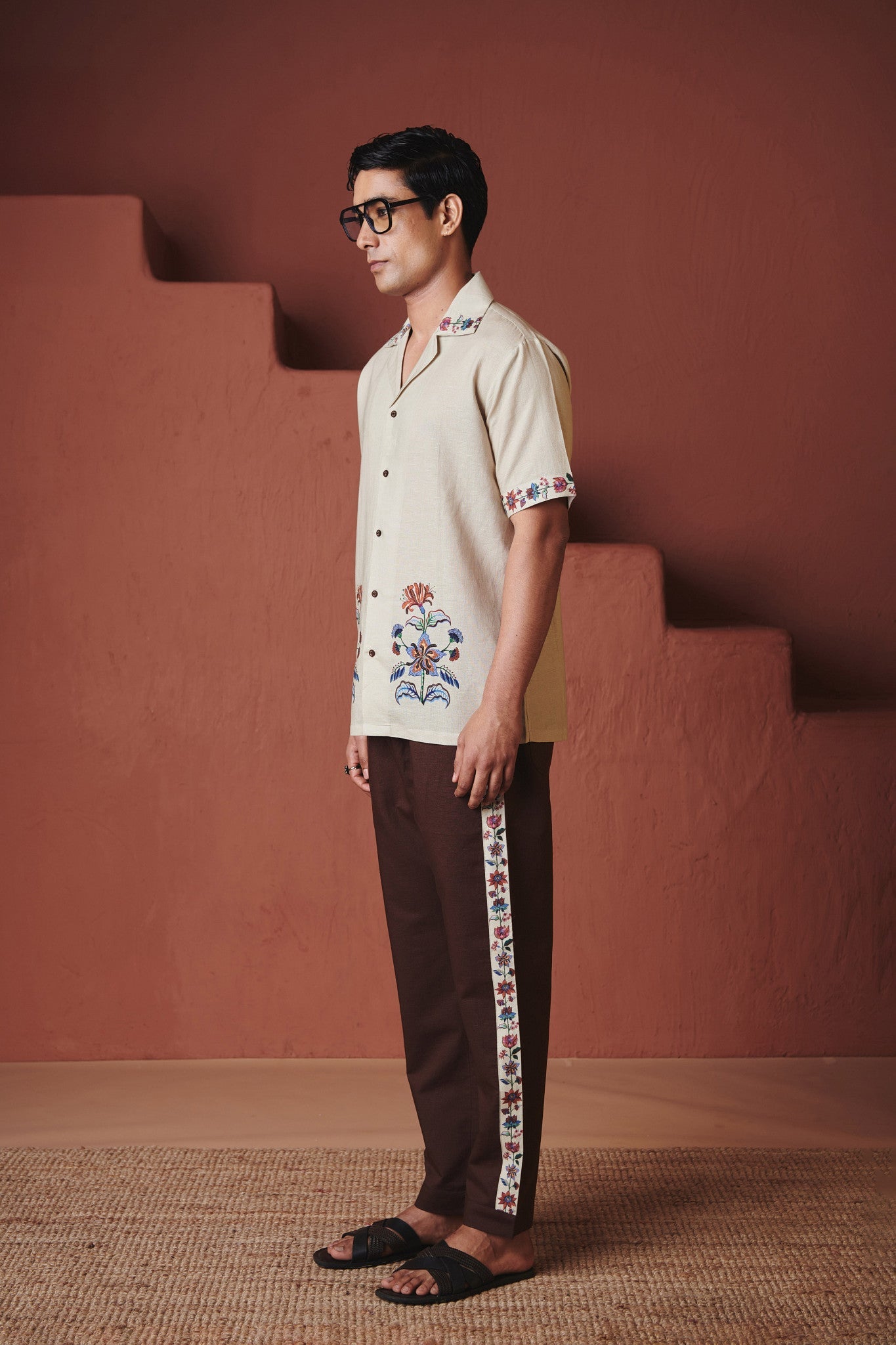 Beige Coffee Chintz Co - Linen Men's Camp Collar Shirt Set - CiceroniCo - ord SetSaphed