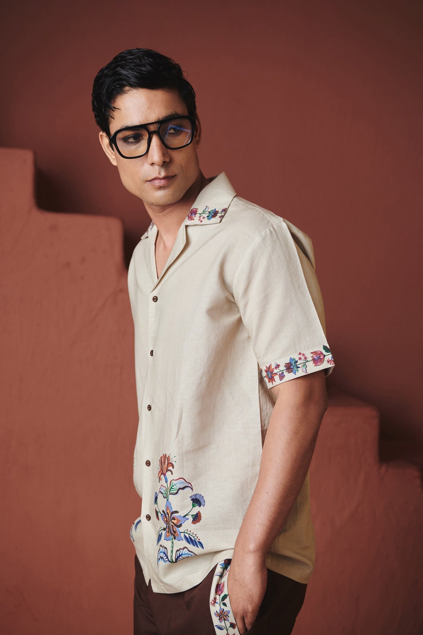 Beige Coffee Chintz Co - Linen Men's Camp Collar Shirt Set - CiceroniCo - ord SetSaphed