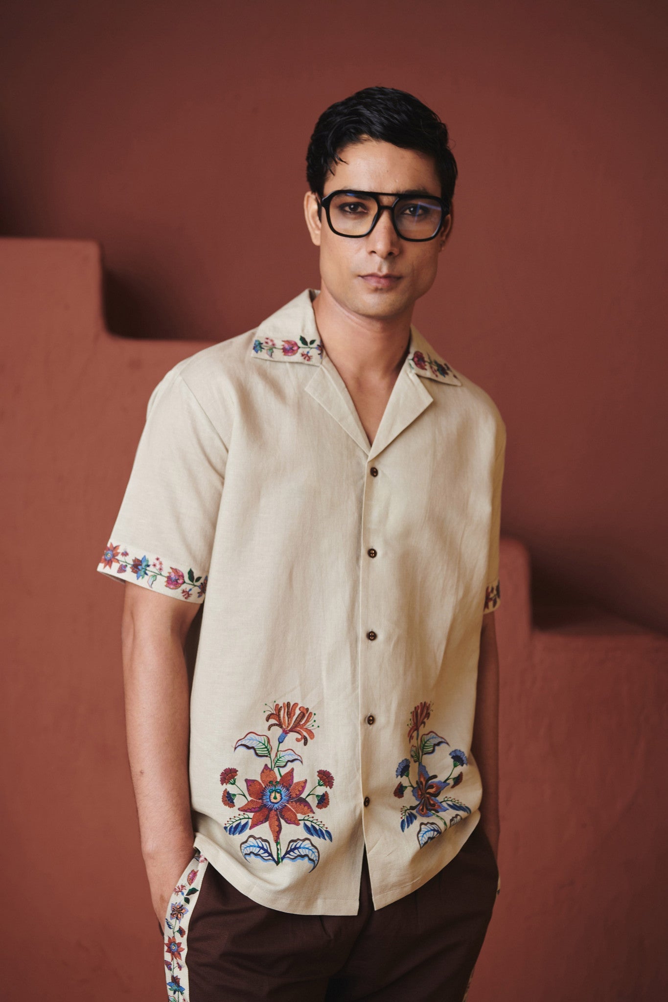 Beige Coffee Chintz Co - Linen Men's Camp Collar Shirt Set - CiceroniCo - ord SetSaphed