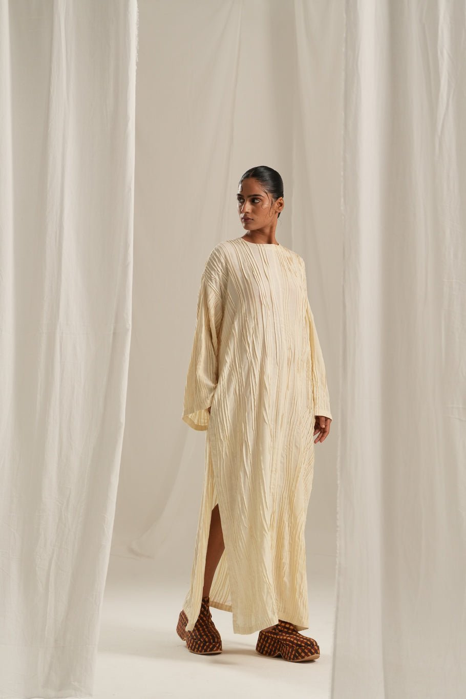 Beige - Cream Texture Kaftan Dress - CiceroniDressesTil