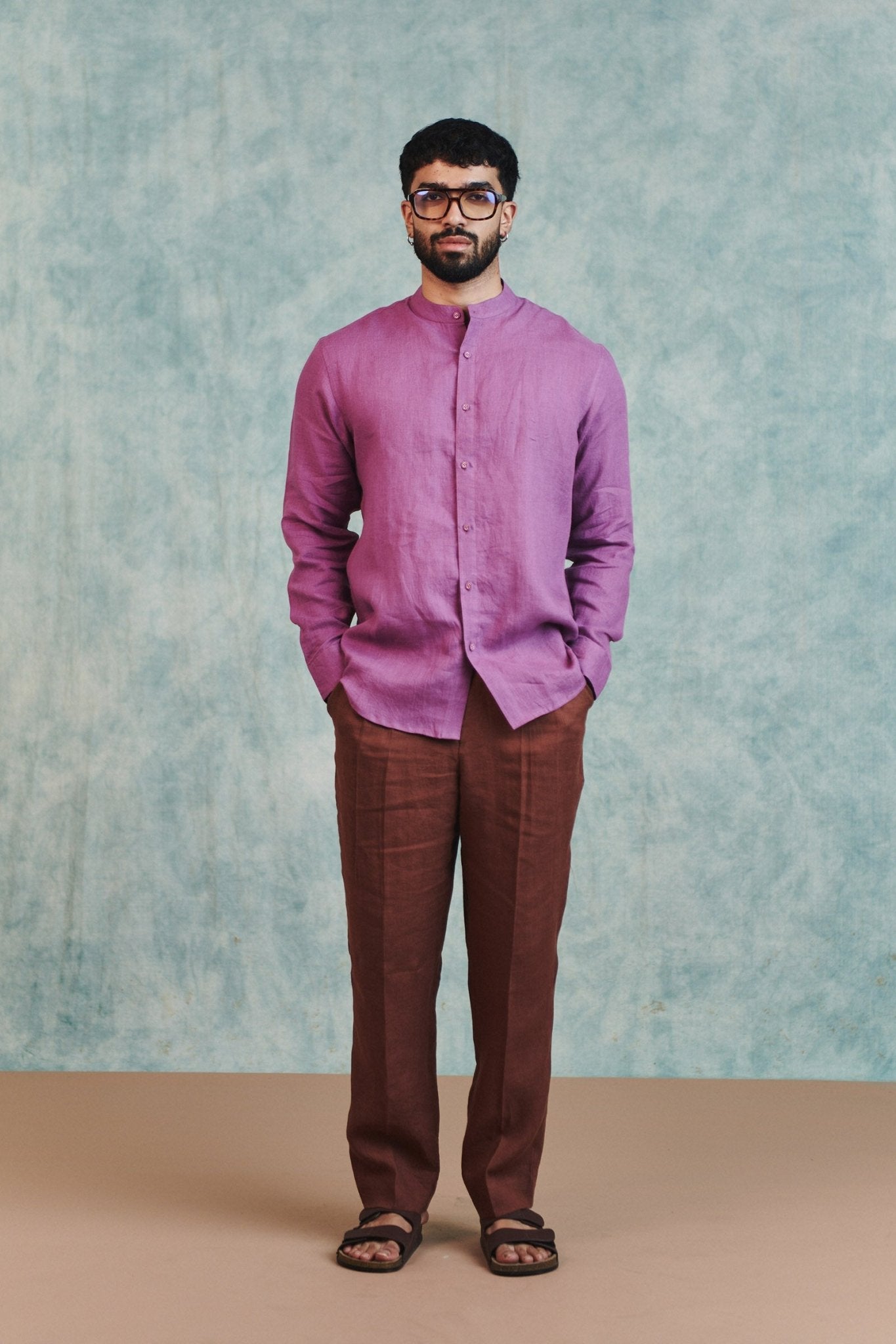 Berry Linen Men's Band Collar Shirt - CiceroniMen ShirtsSaphed