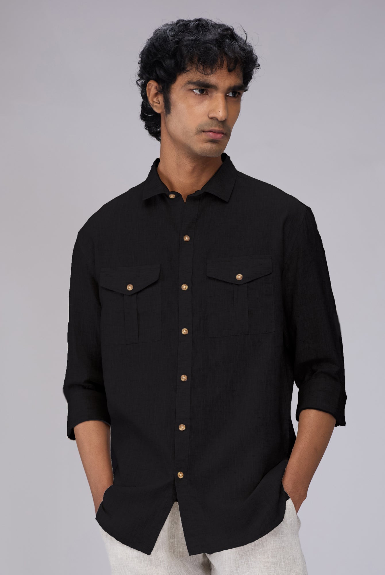 Black 100% Linen Safari Shirt - CiceroniMen Shirtsbhrāta