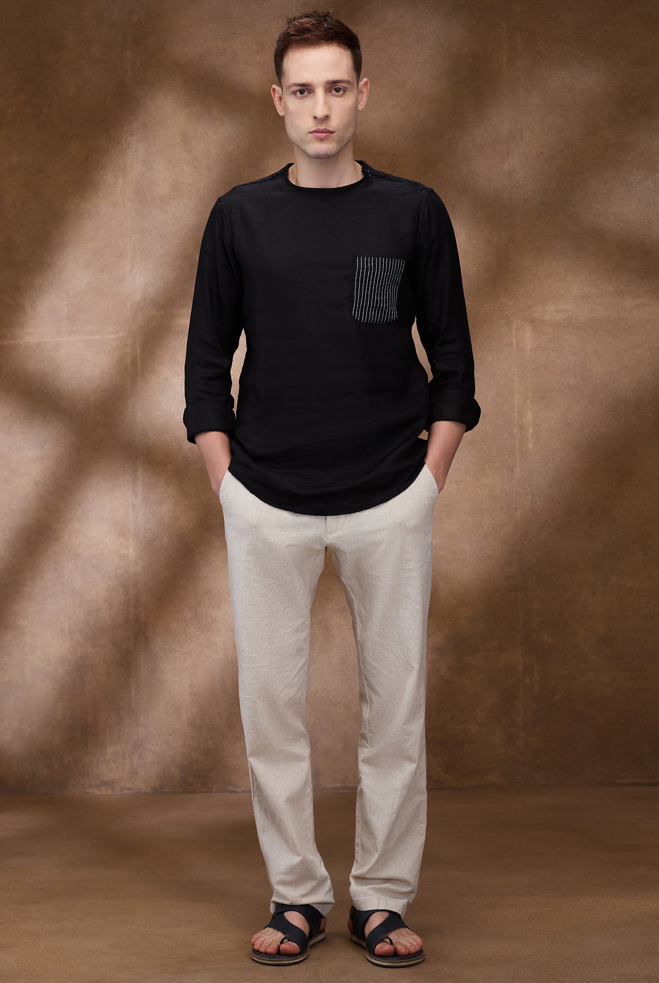 Black 100% Linen Zippered Kurta - CiceroniMen Shirtsbhrāta