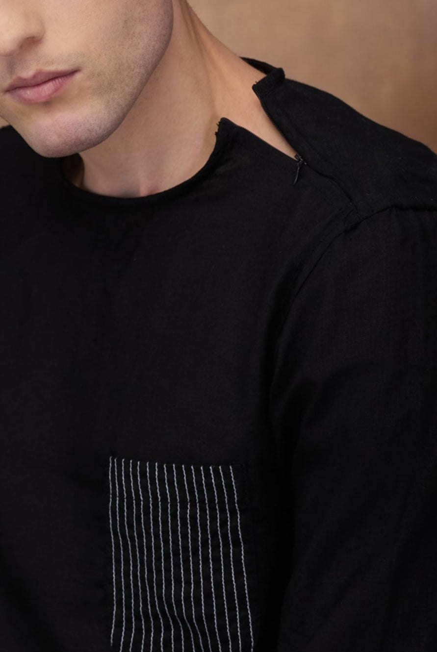 Black 100% Linen Zippered Kurta - CiceroniMen Shirtsbhrāta