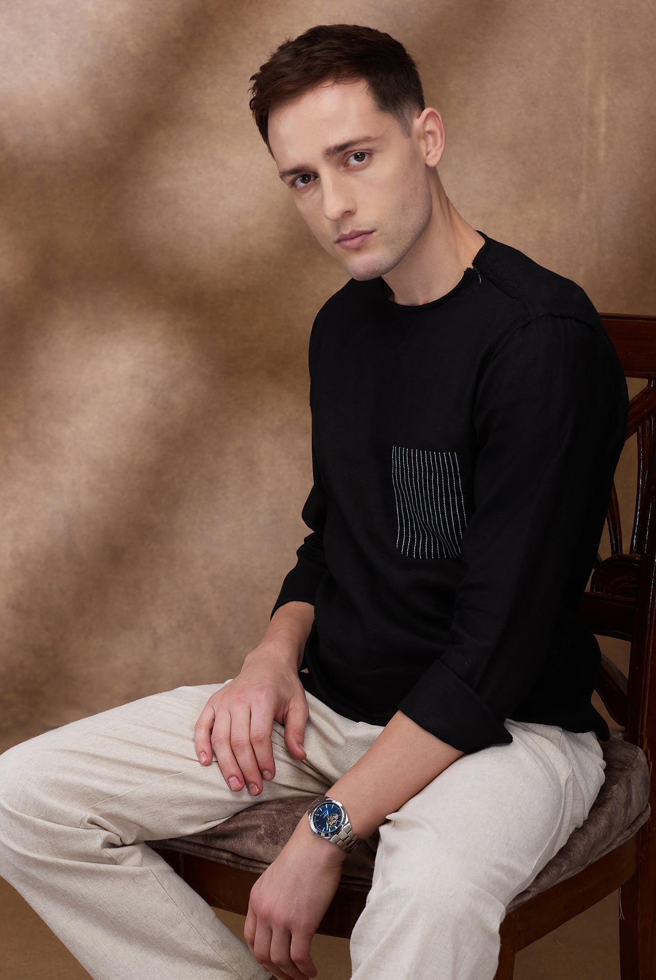 Black 100% Linen Zippered Kurta - CiceroniMen Shirtsbhrāta