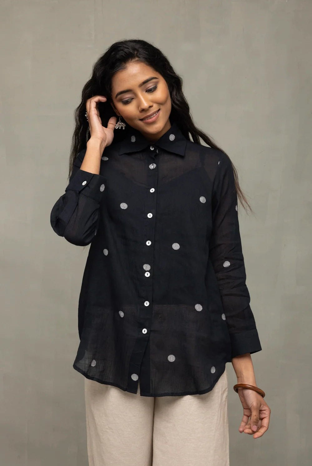 Black Polka Jamdani Shirt - CiceroniWomen ShirtsSutra Art of Clothing