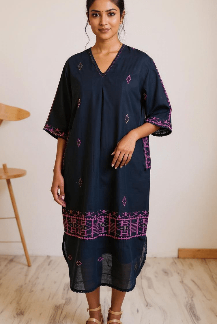 Black with Pink Border Jamdani - Anti Fit Kurta - CiceroniDressesBhomra