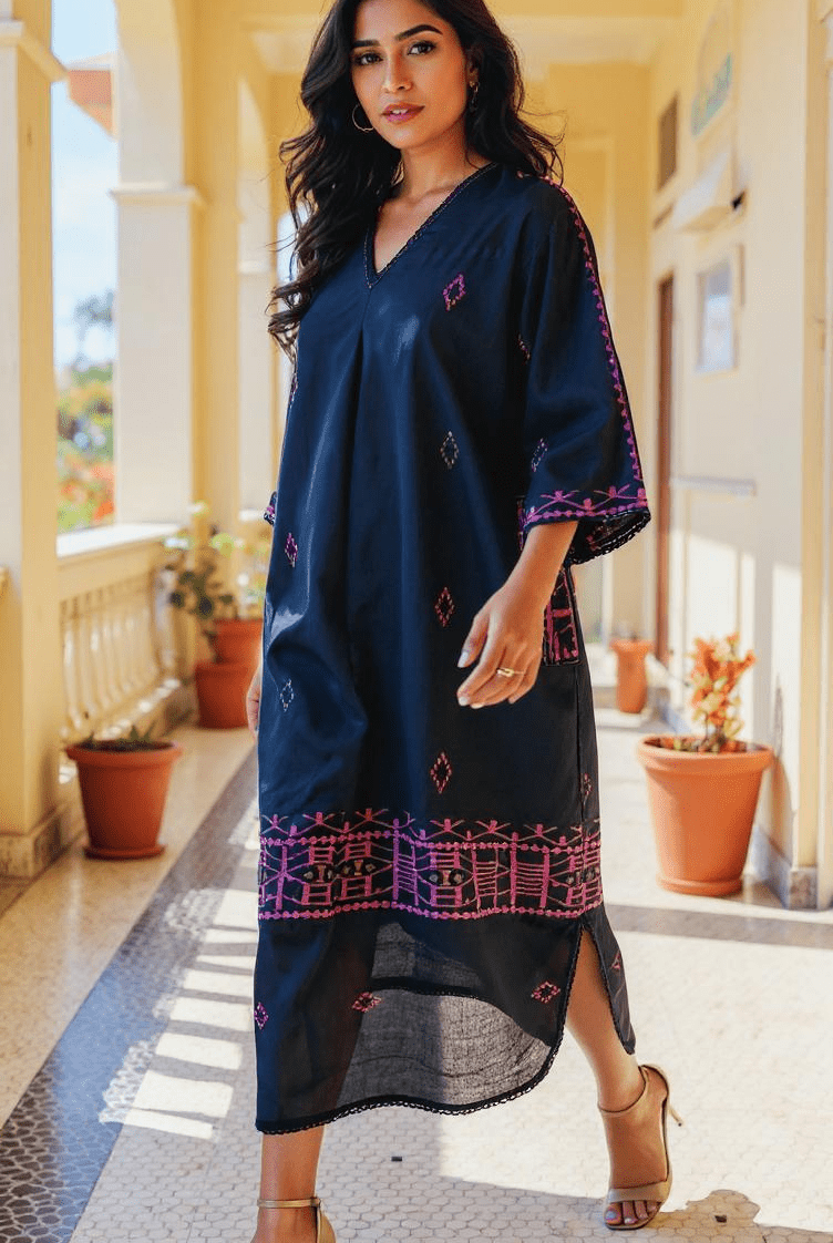 Black with Pink Border Jamdani - Anti Fit Kurta - CiceroniDressesBhomra