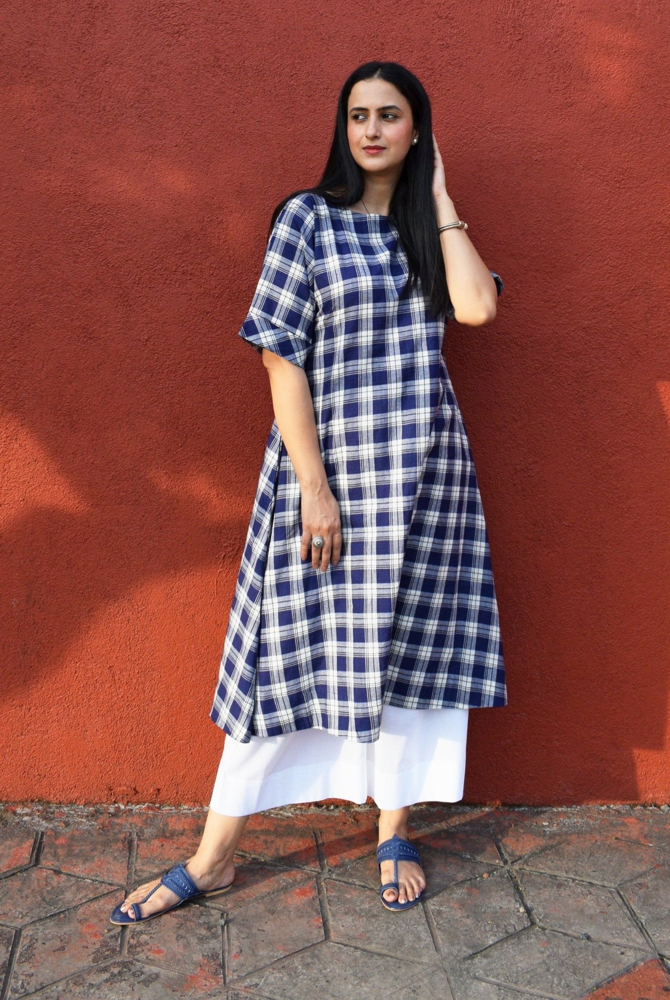 Blue and White Checks Kurta Set in handwoven checks and White Pyjama - CiceroniKurta Set, Everyday WearHouse of Moxa