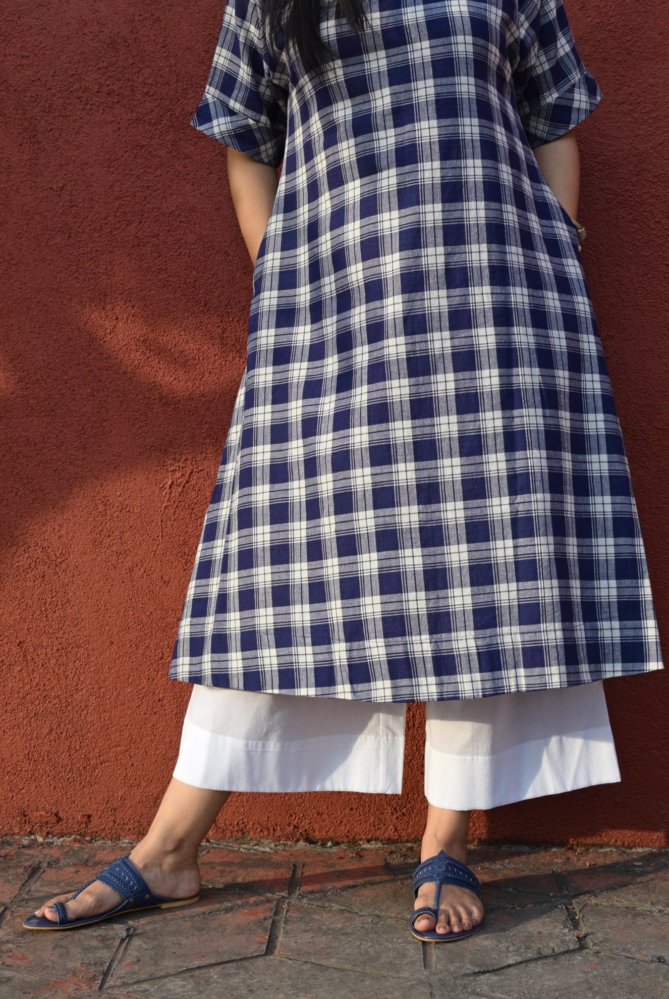 Blue and White Checks Kurta Set in handwoven checks and White Pyjama - CiceroniKurta Set, Everyday WearHouse of Moxa