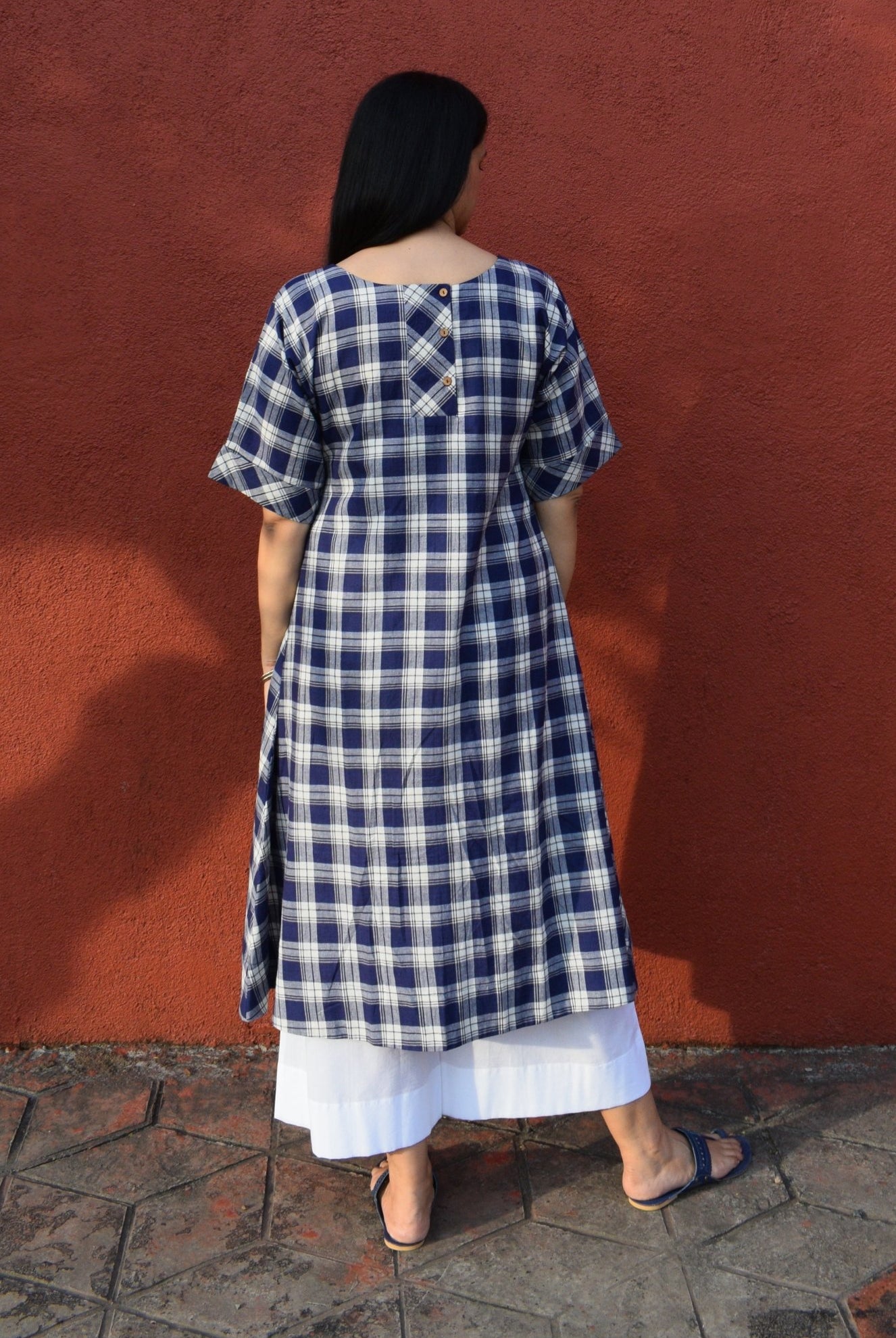 Blue and White Checks Kurta Set in handwoven checks and White Pyjama - CiceroniKurta Set, Everyday WearHouse of Moxa